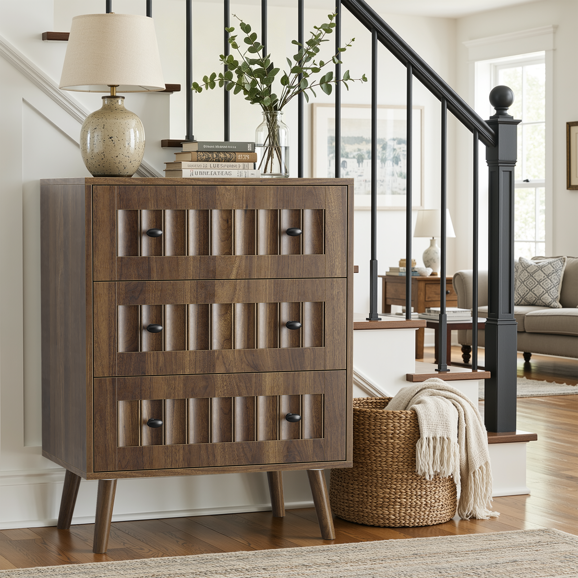 Anmytek 3 Drawer Dresser Walnut Wooden Storage Chest For Bedroom Living Room Corridor