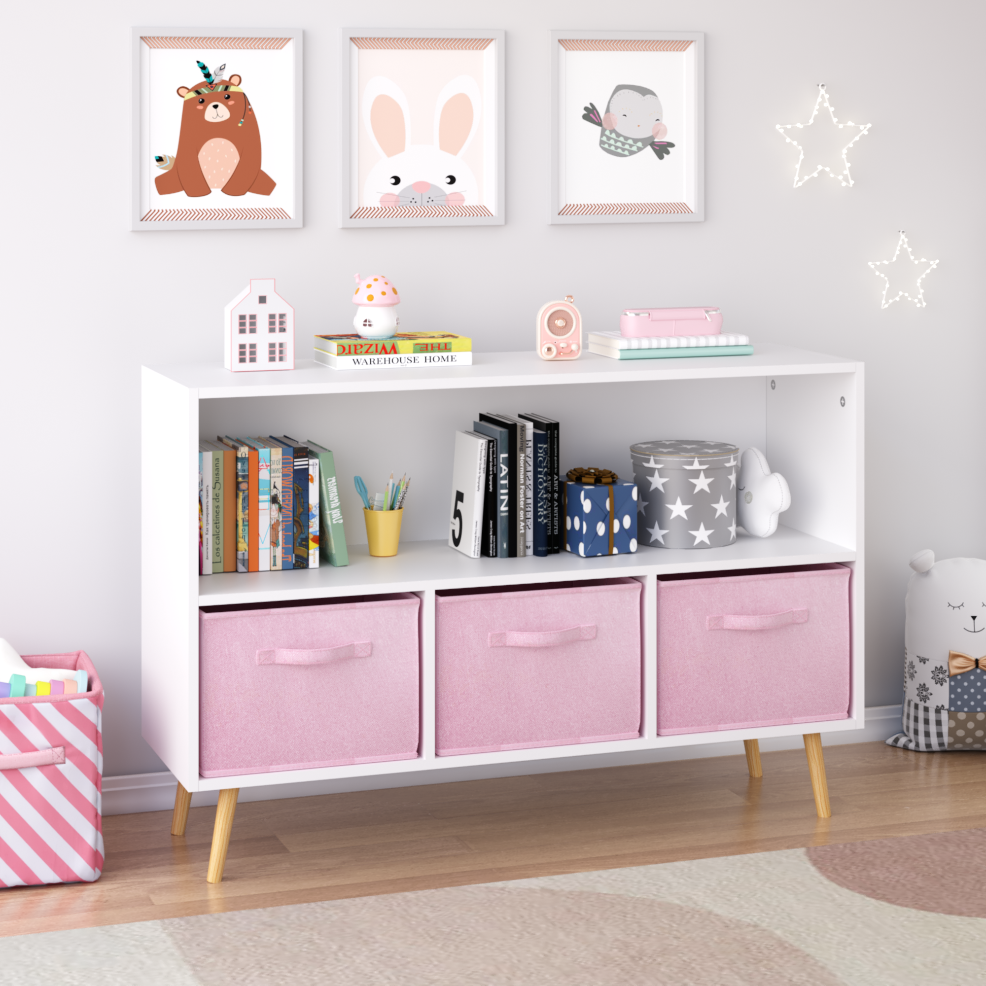 Anmytek Kids Bookcase with Collapsible Fabric Drawers Children Book Display Toy Storage Organizer White Pink