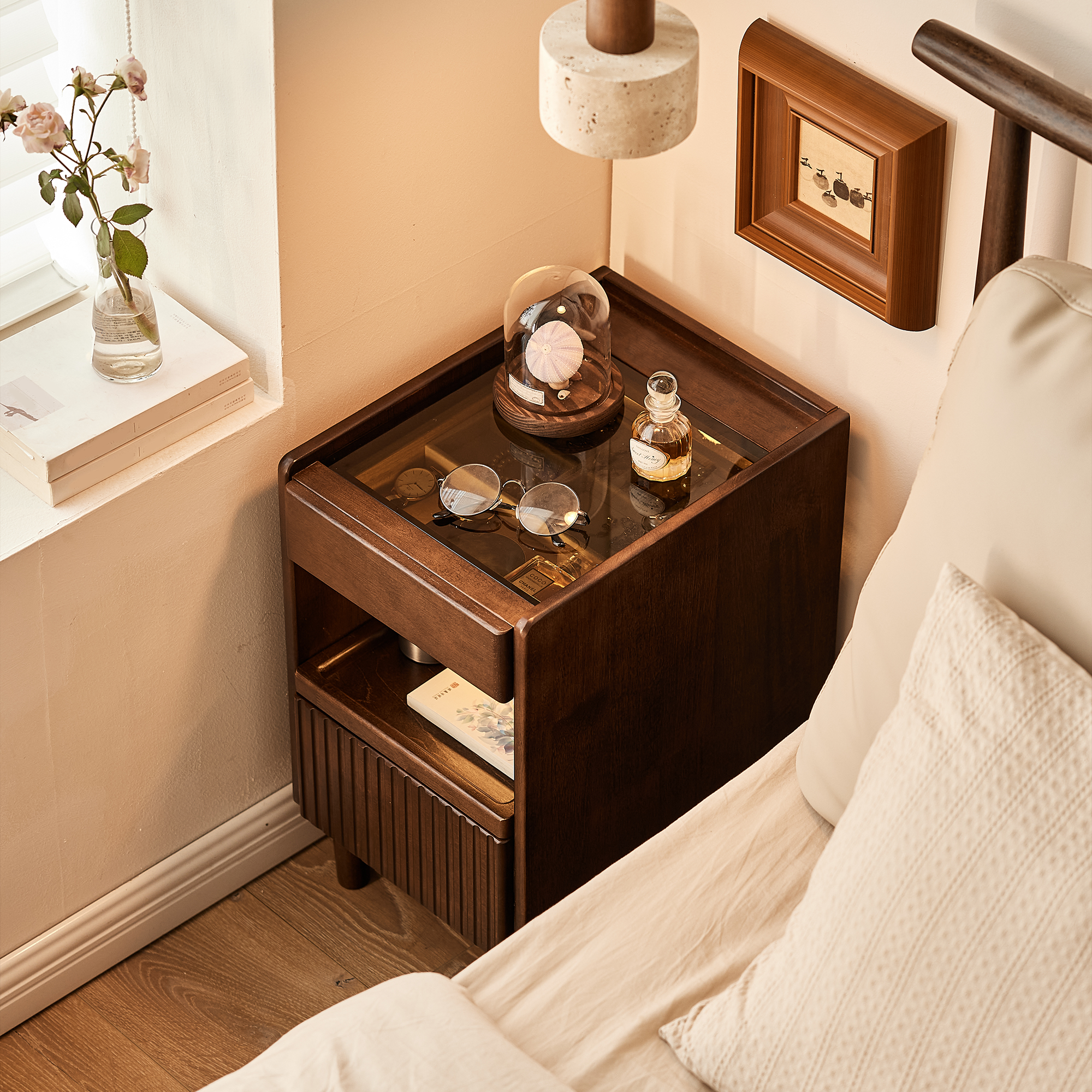 Anmytek Wooden Nightstand with 1 Drawer and Open Shelves Narrow Bedside Table Storage Side Cabinet for Bedroom Living Room