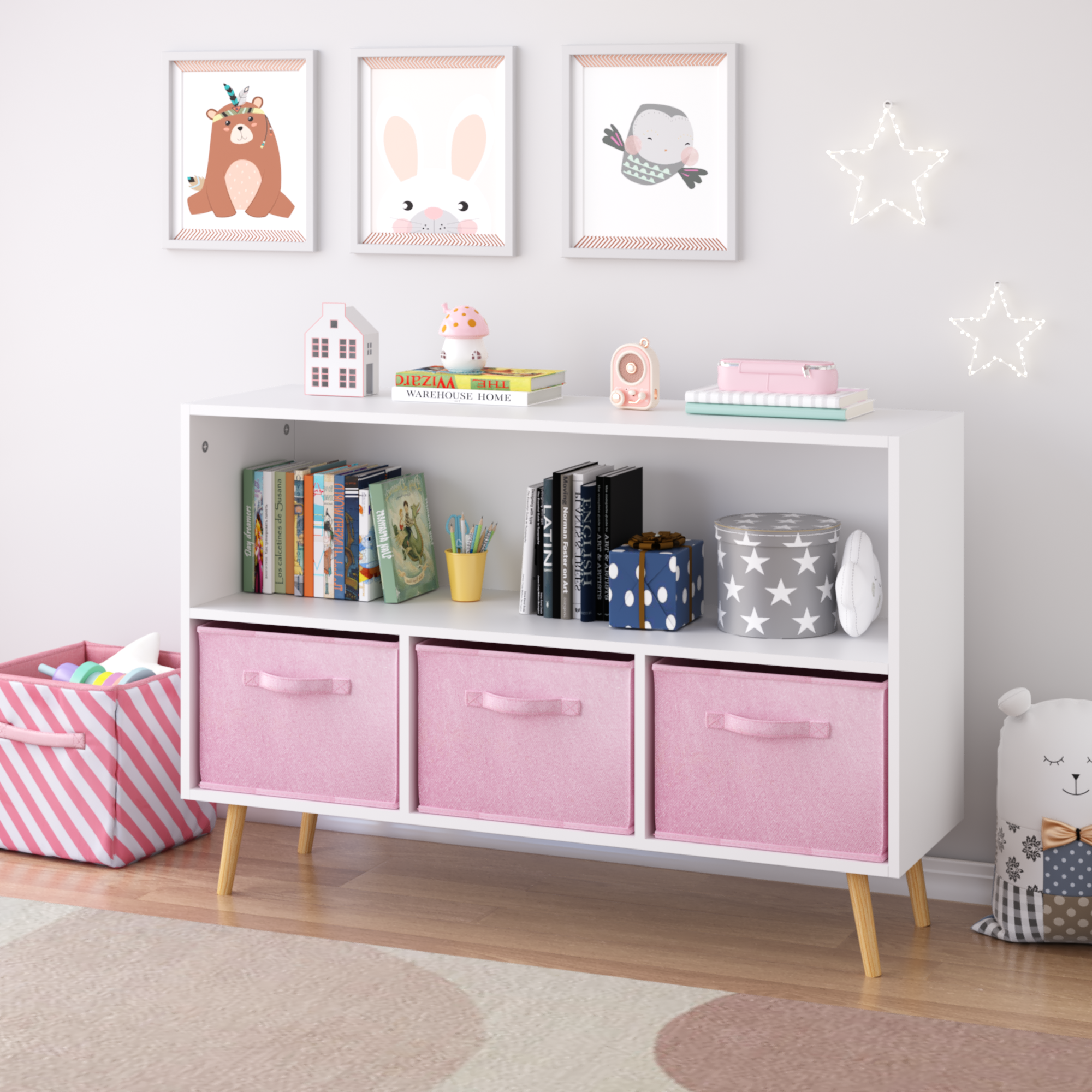 Anmytek Kids Bookcase with Collapsible Fabric Drawers Children Book Display Toy Storage Organizer White Pink