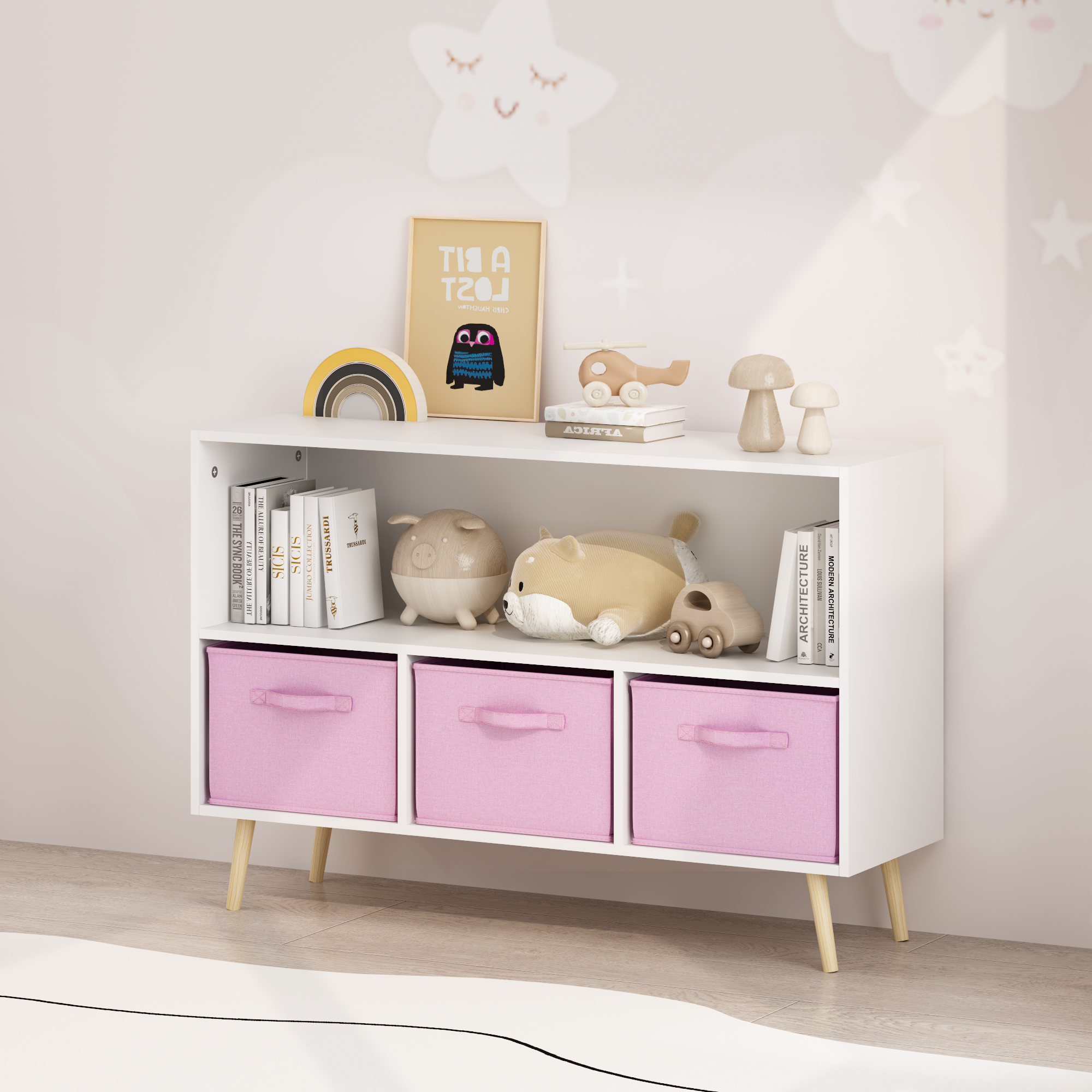 Anmytek Kids Bookcase with Collapsible Fabric Drawers Children Book Display Toy Storage Organizer White Pink