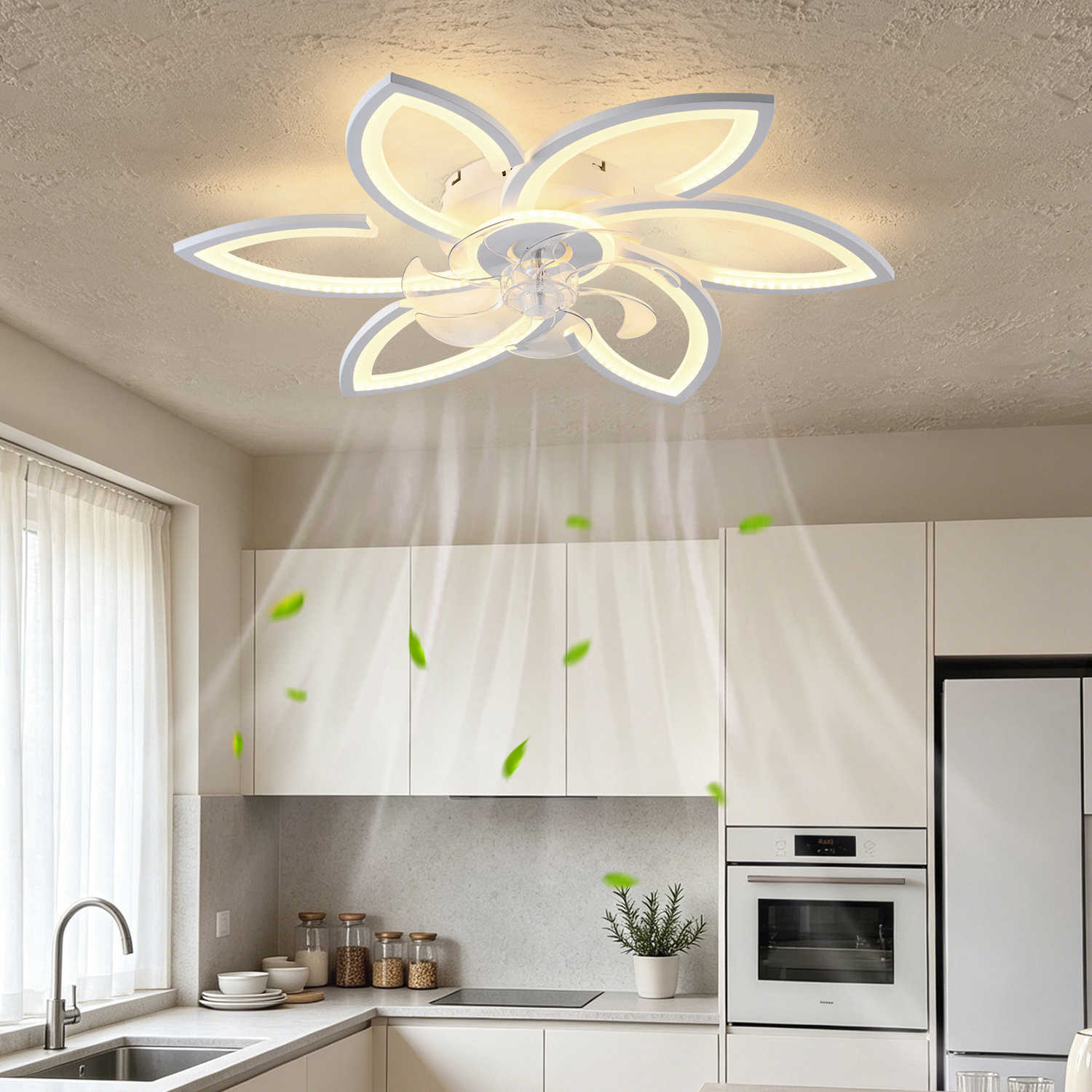 Anmytek 30 Inch White 6 Head Flower Low Profile Ceiling Fan With Lights And Remote Control For Bedroom Kitchen Living Room