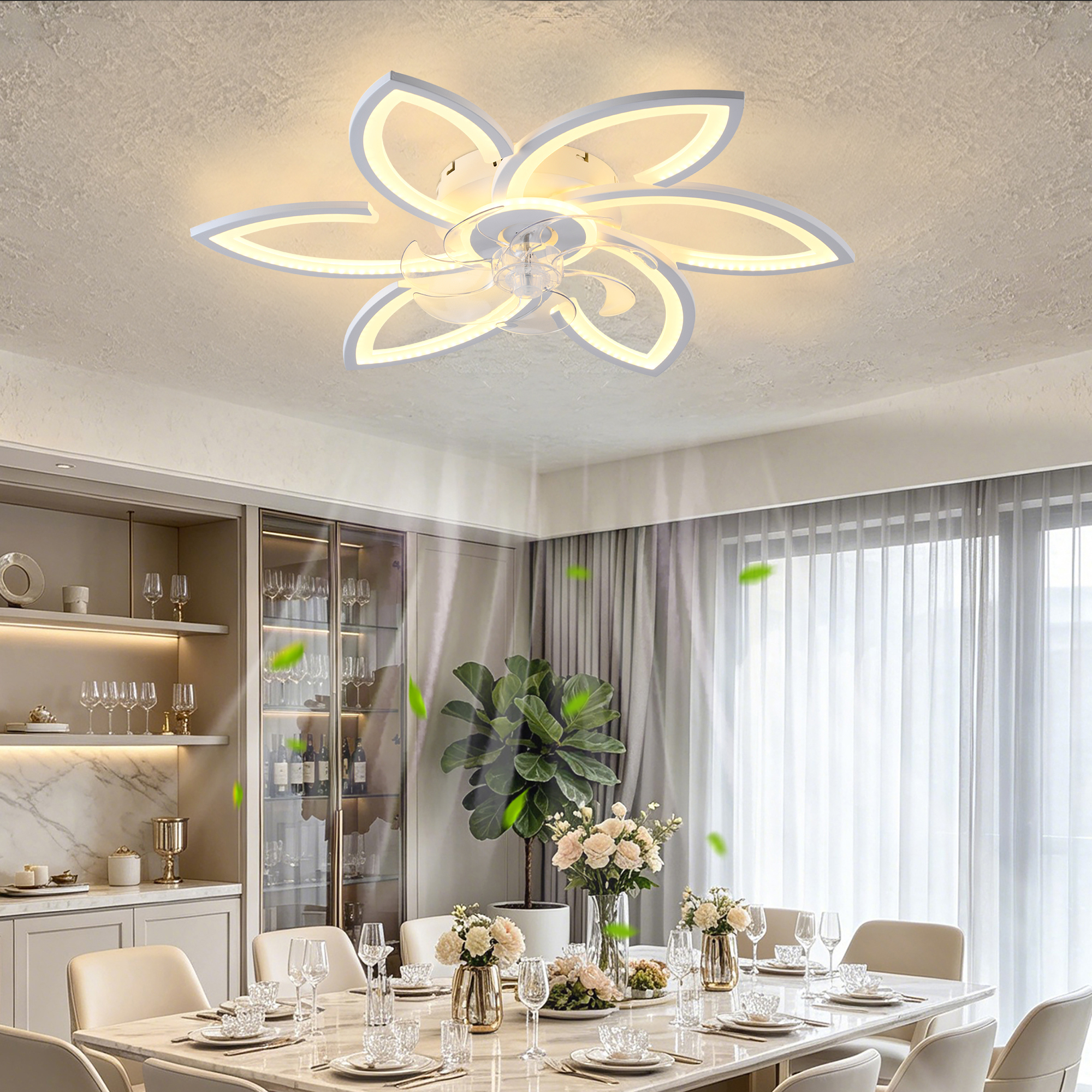 Anmytek 30 Inch White 6 Head Flower Low Profile Ceiling Fan With Lights And Remote Control For Bedroom Kitchen Living Room
