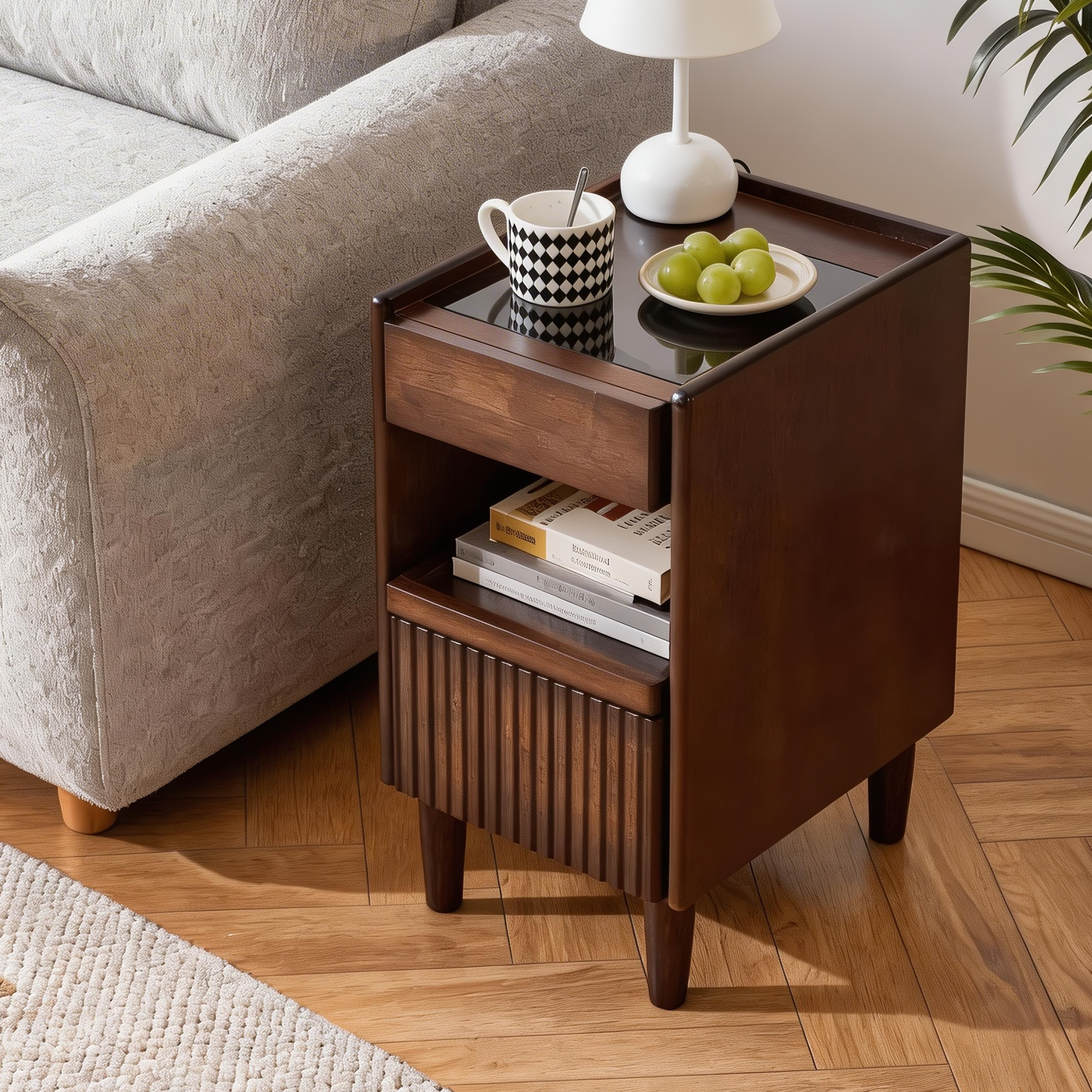 Anmytek Wooden Nightstand with 1 Drawer and Open Shelves Narrow Bedside Table Storage Side Cabinet for Bedroom Living Room