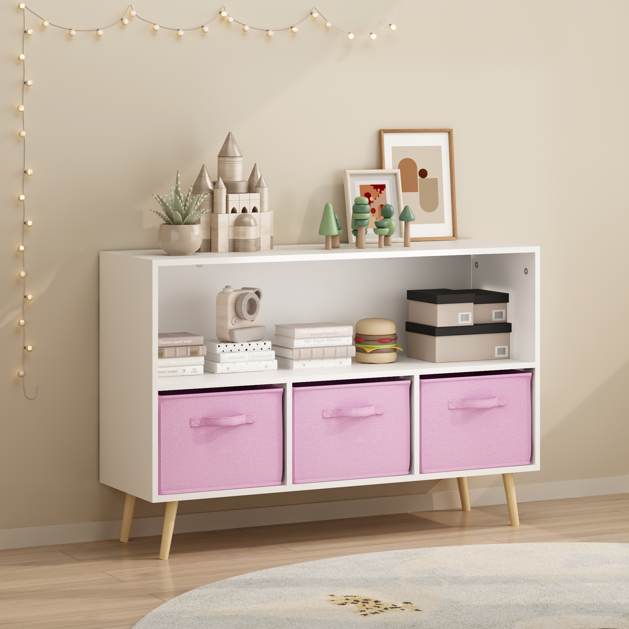 Anmytek Kids Bookcase with Collapsible Fabric Drawers Children Book Display Toy Storage Organizer White Pink