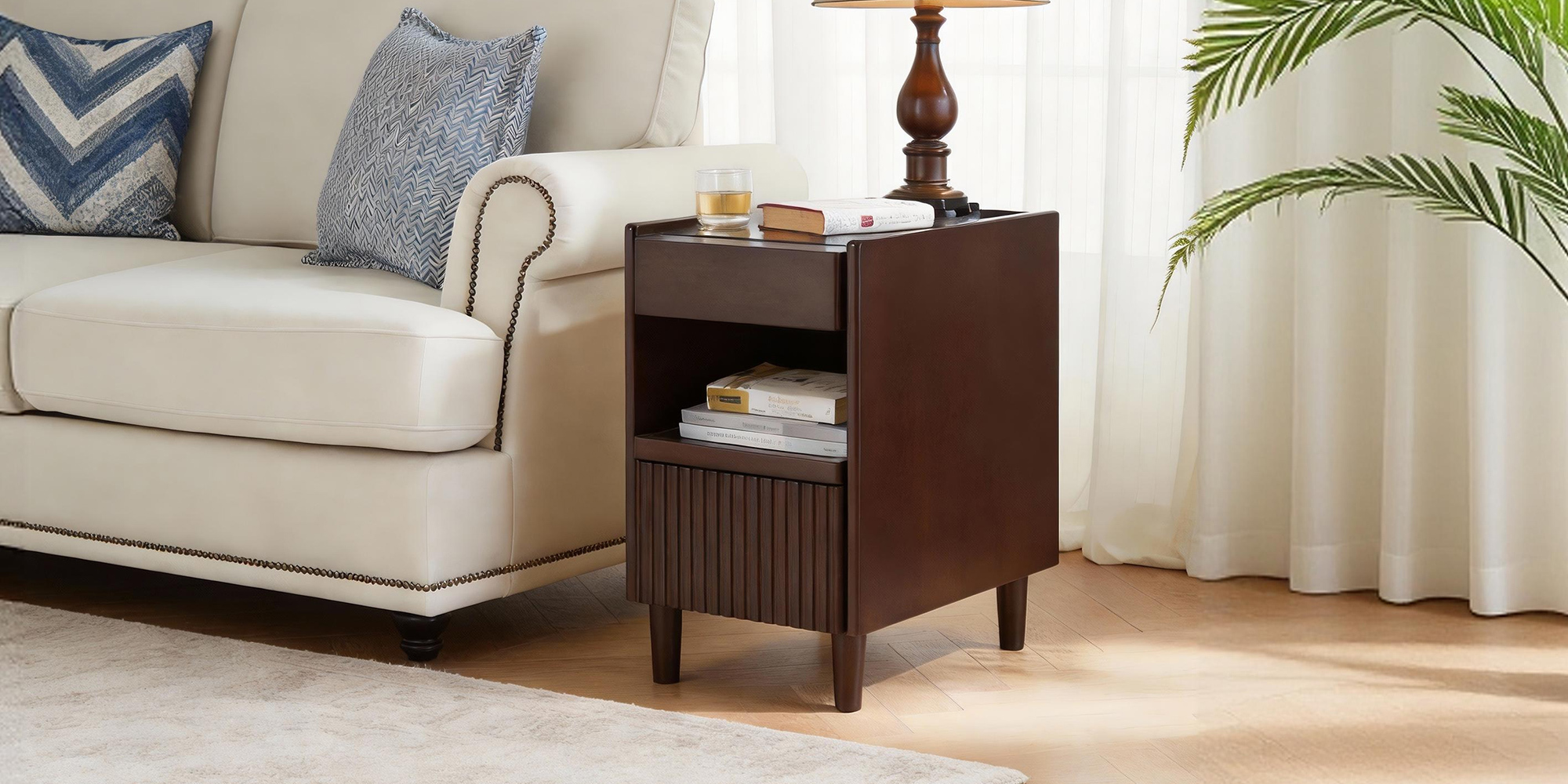 Anmytek Wooden Nightstand with 1 Drawer and Open Shelves Narrow Bedside Table Storage Side Cabinet for Bedroom Living Room