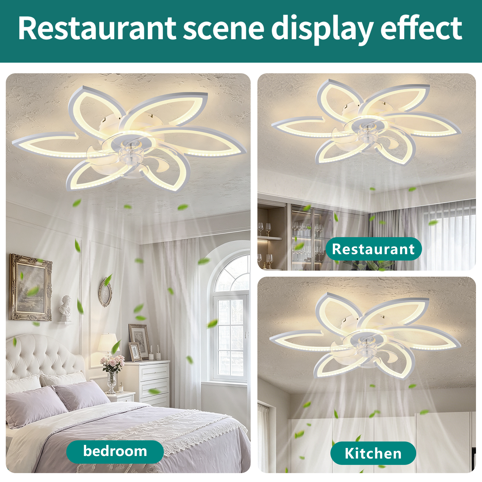Anmytek 30 Inch White 6 Head Flower Low Profile Ceiling Fan With Lights And Remote Control For Bedroom Kitchen Living Room