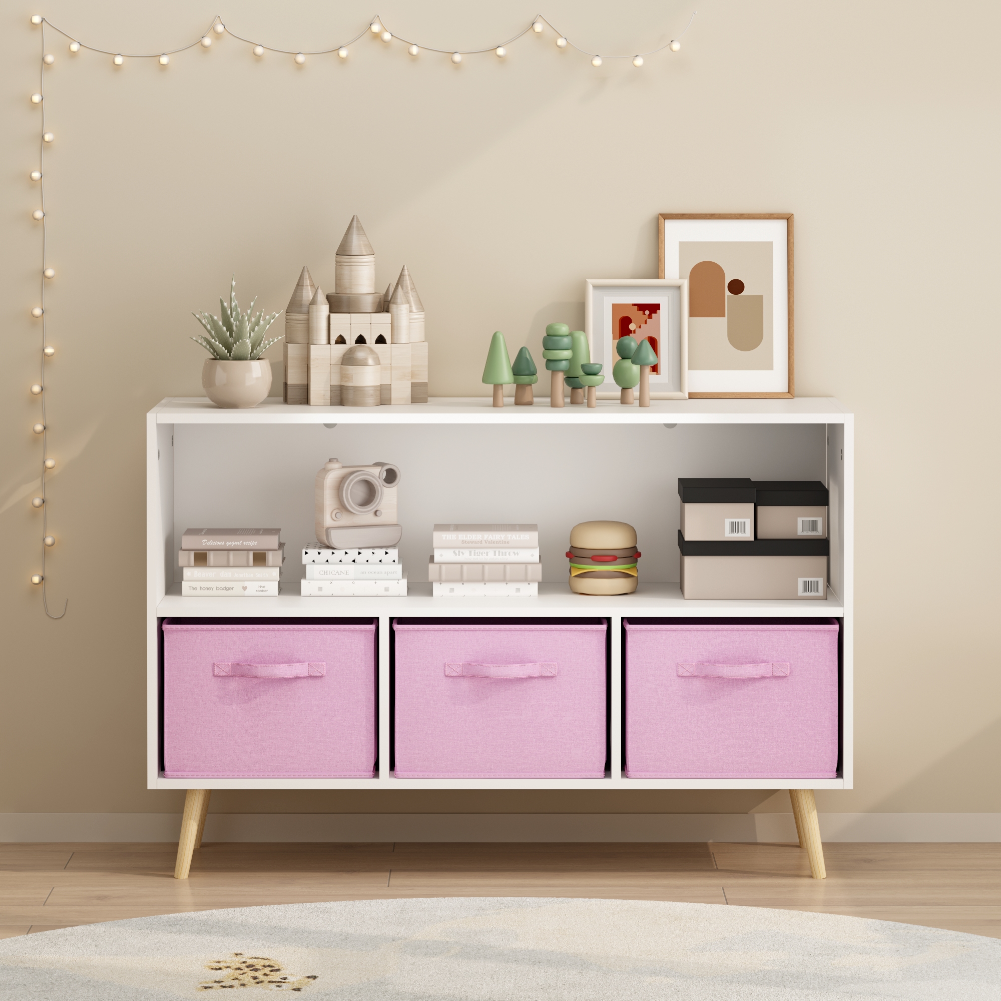 Anmytek Kids Bookcase with Collapsible Fabric Drawers Children Book Display Toy Storage Organizer White Pink