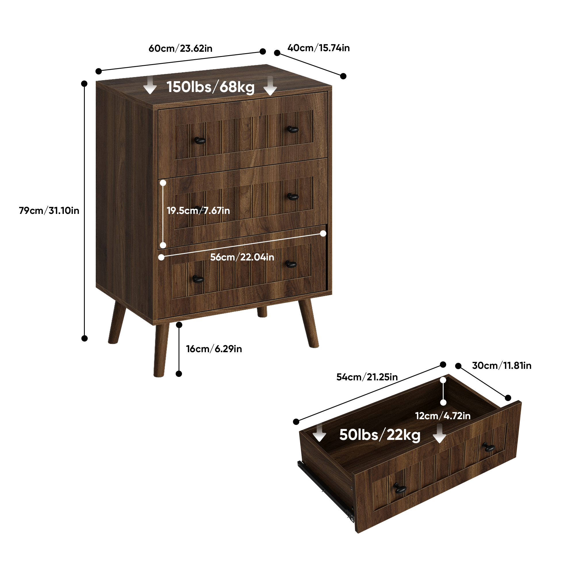 Anmytek 3 Drawer Dresser Walnut Wooden Storage Chest For Bedroom Living Room Corridor