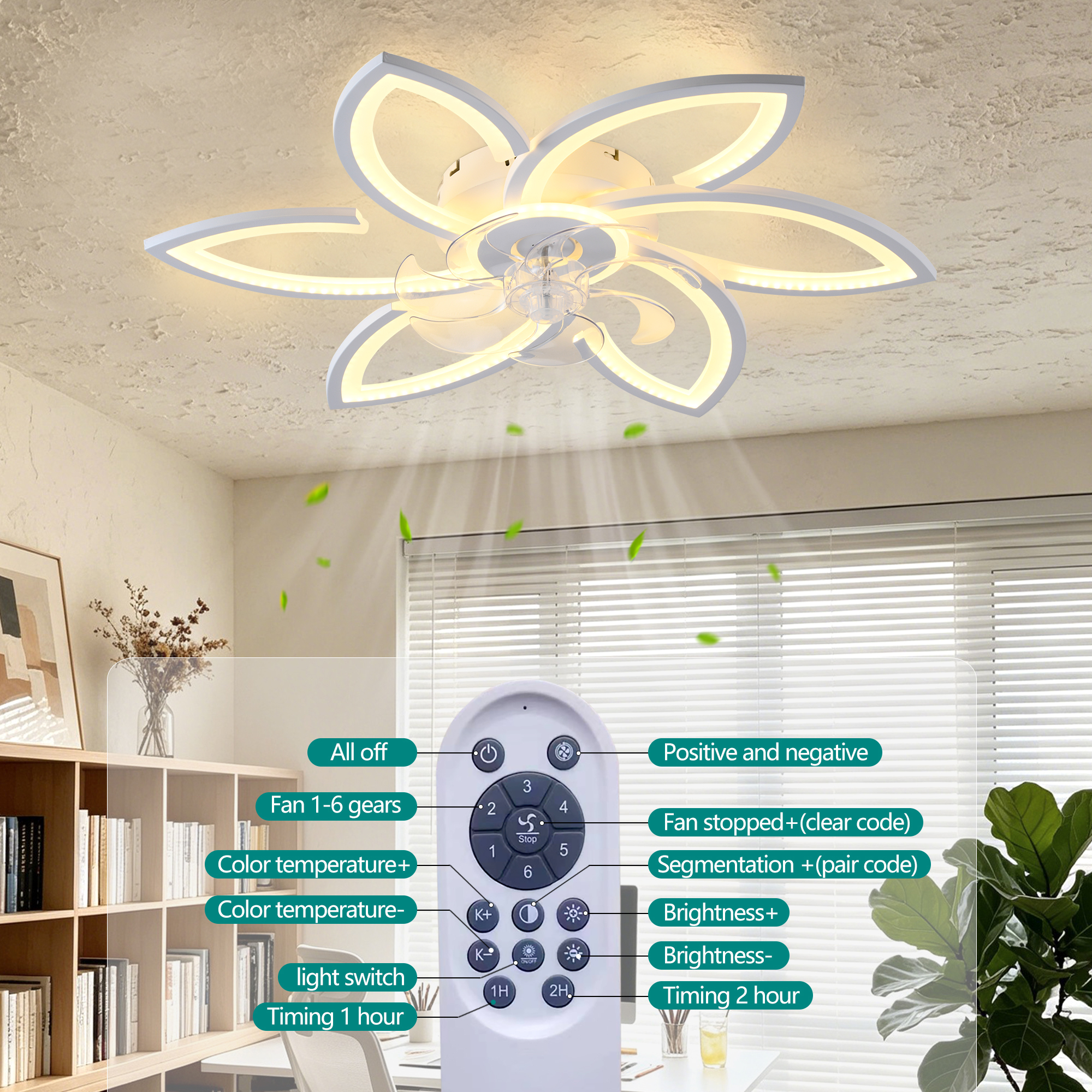 Anmytek 30 Inch White 6 Head Flower Low Profile Ceiling Fan With Lights And Remote Control For Bedroom Kitchen Living Room