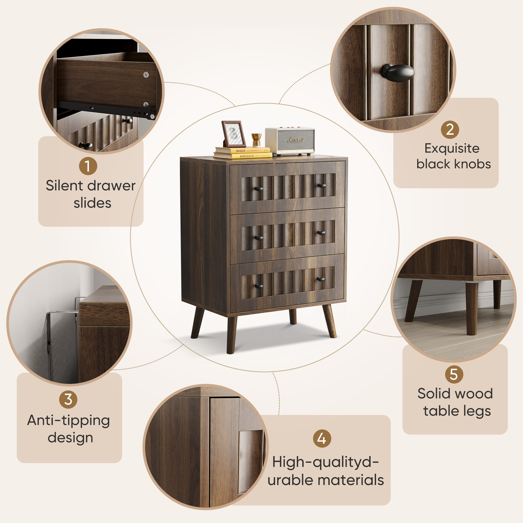 Anmytek 3 Drawer Dresser Walnut Wooden Storage Chest For Bedroom Living Room Corridor