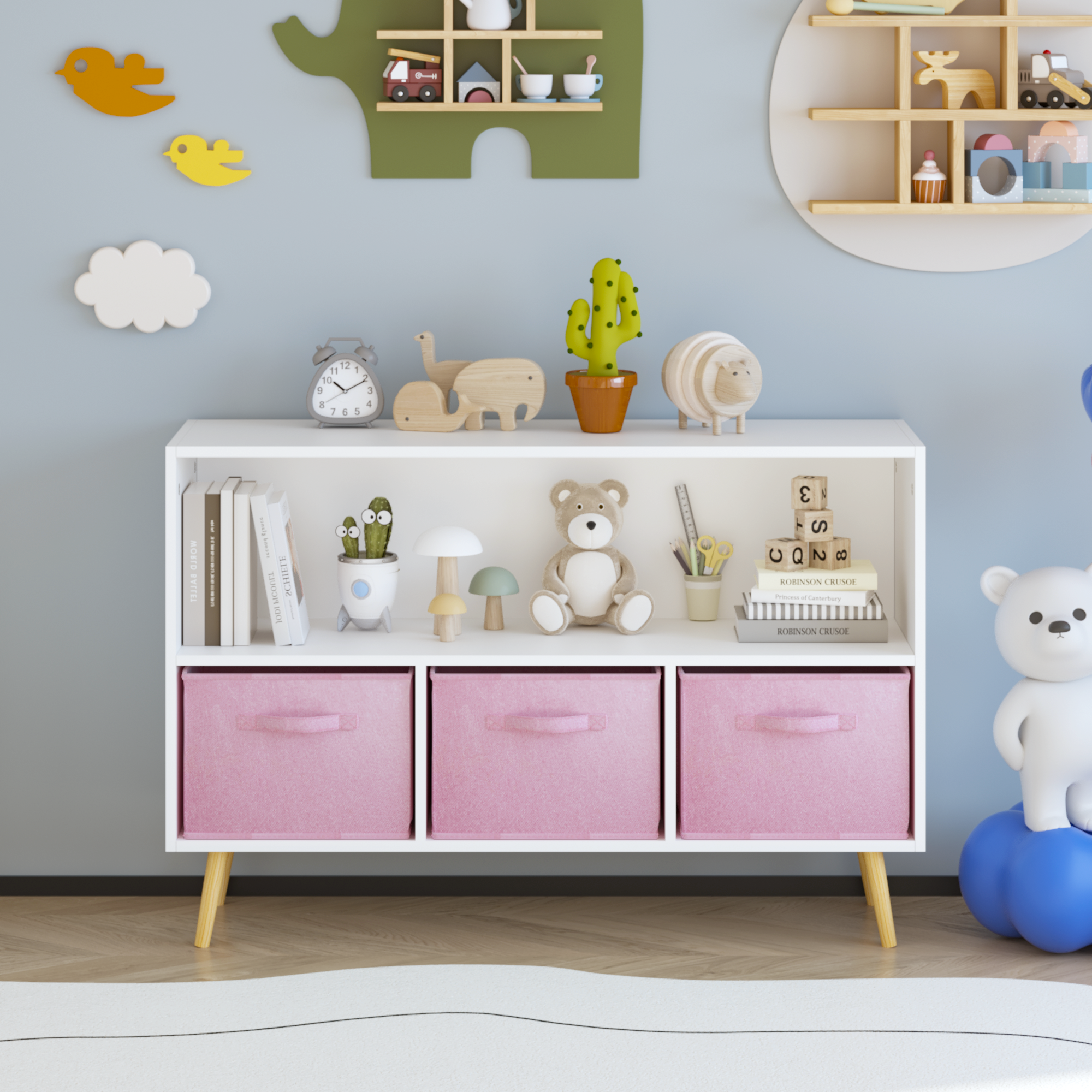 Anmytek Kids Bookcase with Collapsible Fabric Drawers Children Book Display Toy Storage Organizer White Pink