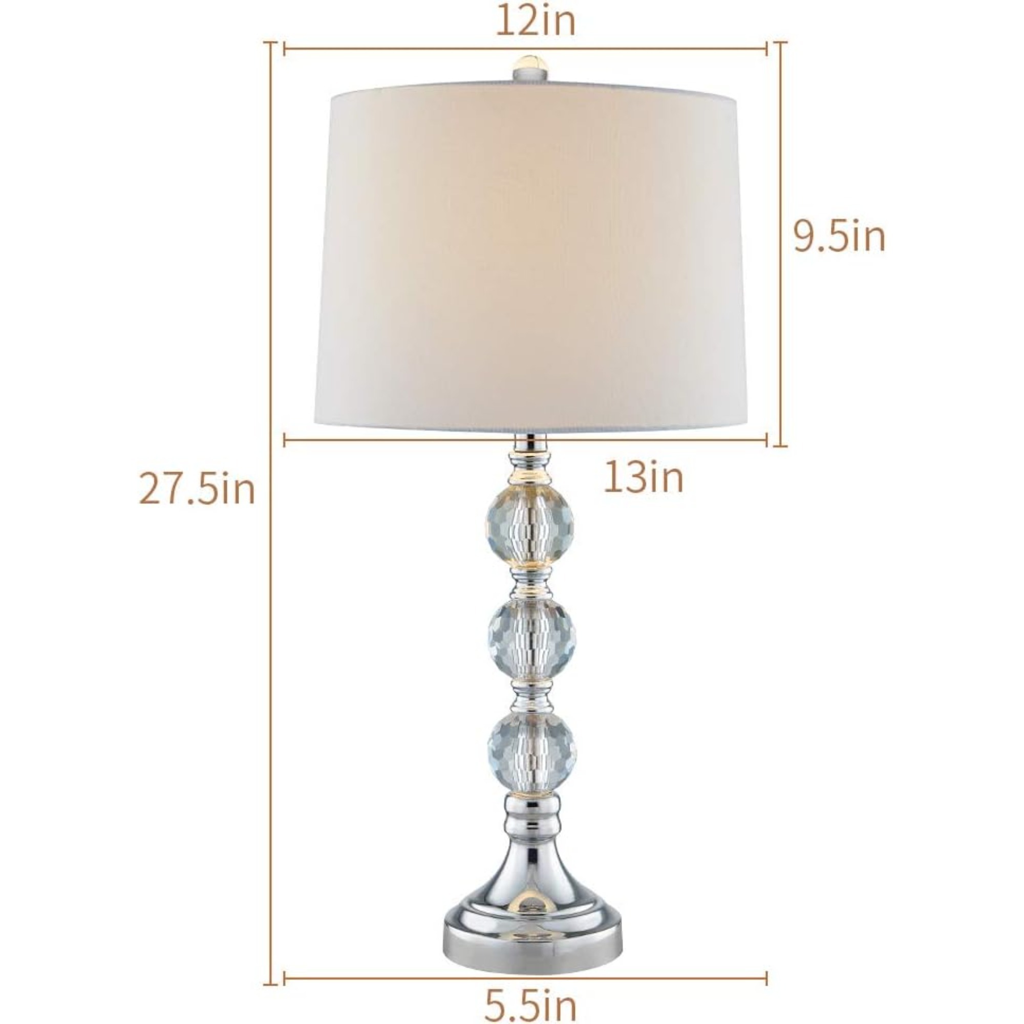 Anmytek 27.5 Inch Crystal Table Lamps Set of 2 3 Way Dimmable Nightstand Lamps with White Fabric Shade Nickel Base for Bedroom Living Room Bulbs Not Included