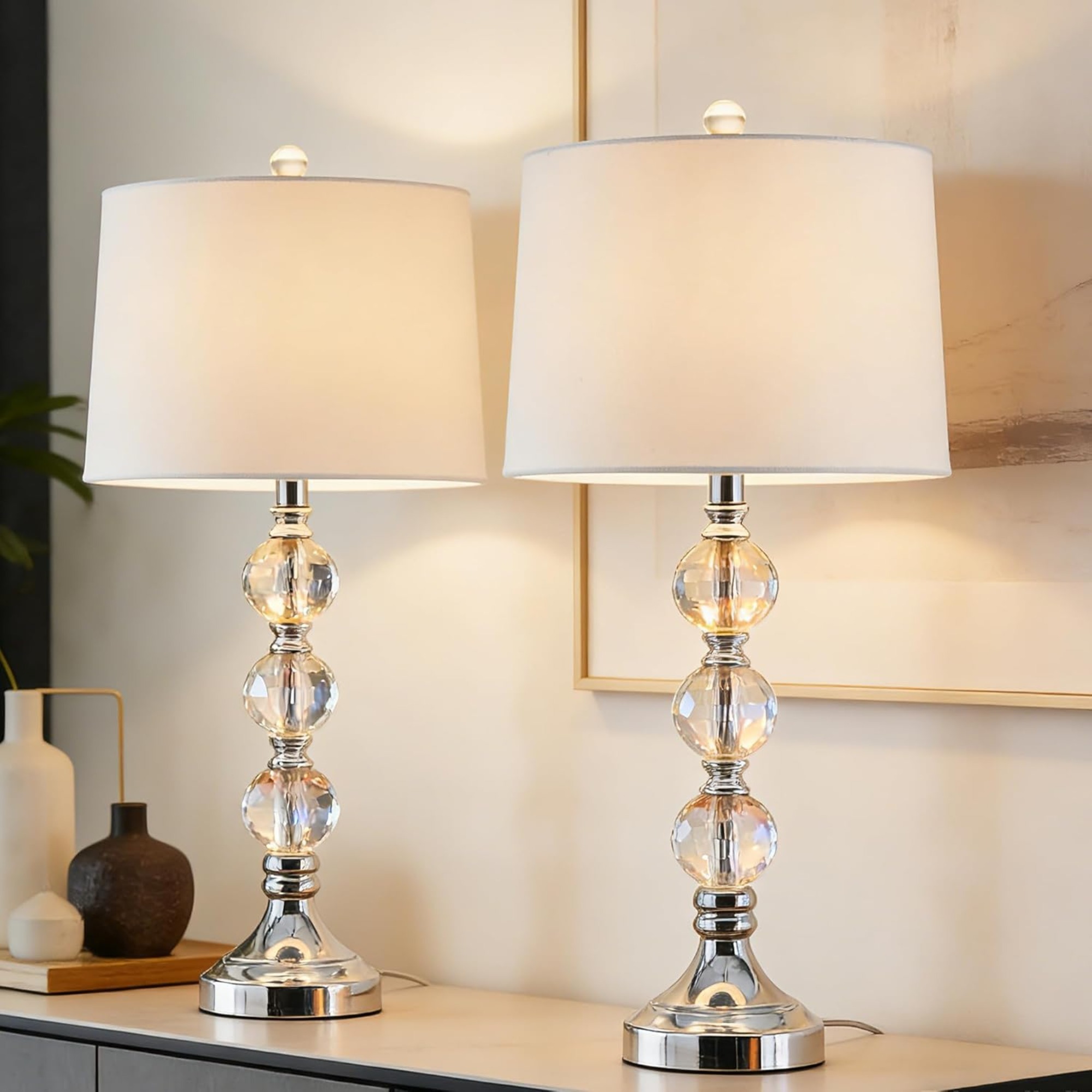 Anmytek 27.5 Inch Crystal Table Lamps Set of 2 3 Way Dimmable Nightstand Lamps with White Fabric Shade Nickel Base for Bedroom Living Room Bulbs Not Included