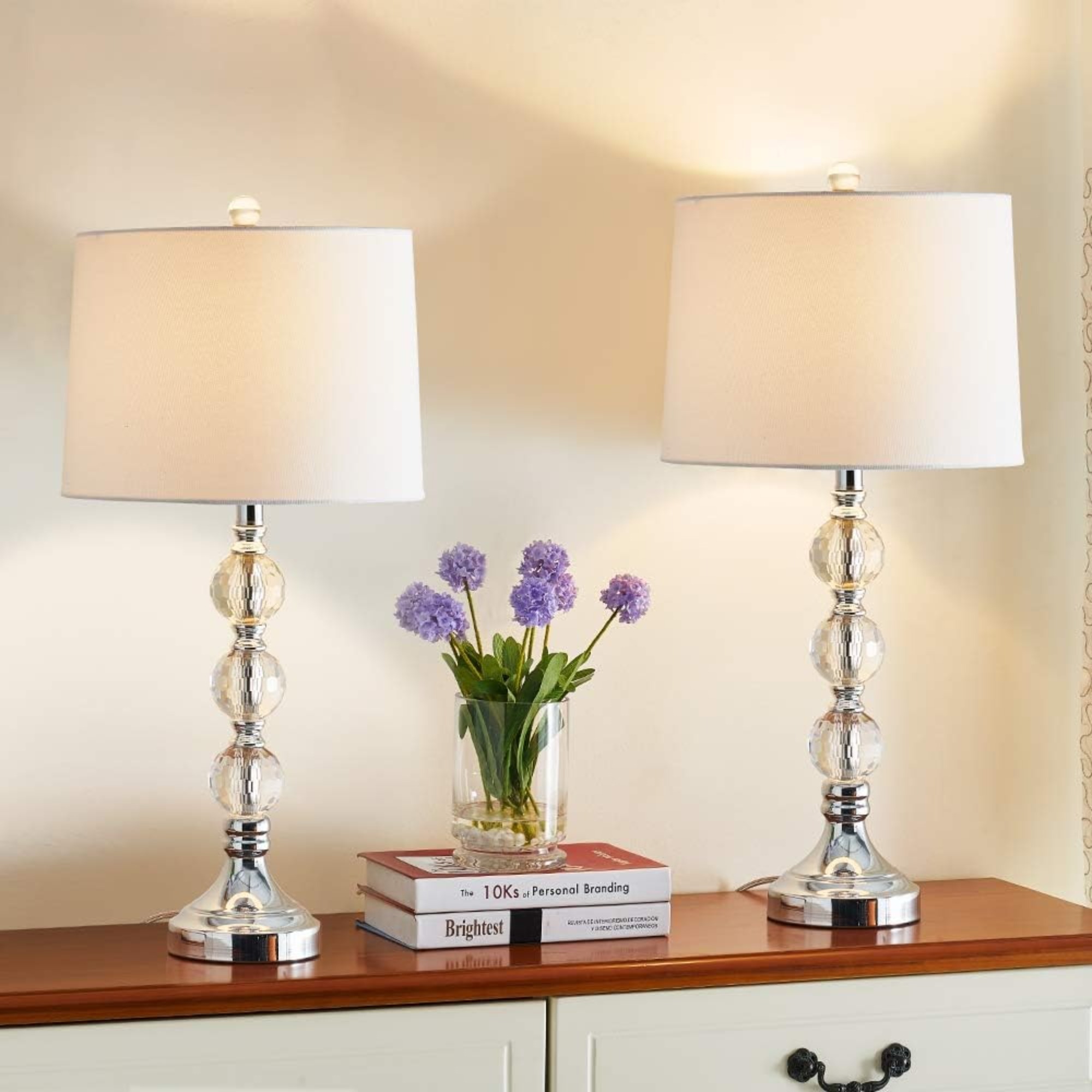 Anmytek 27.5 Inch Crystal Table Lamps Set of 2 3 Way Dimmable Nightstand Lamps with White Fabric Shade Nickel Base for Bedroom Living Room Bulbs Not Included