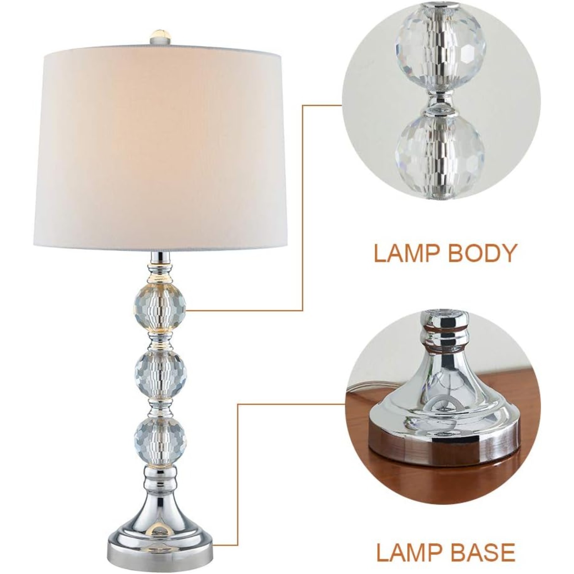 Anmytek 27.5 Inch Crystal Table Lamps Set of 2 3 Way Dimmable Nightstand Lamps with White Fabric Shade Nickel Base for Bedroom Living Room Bulbs Not Included