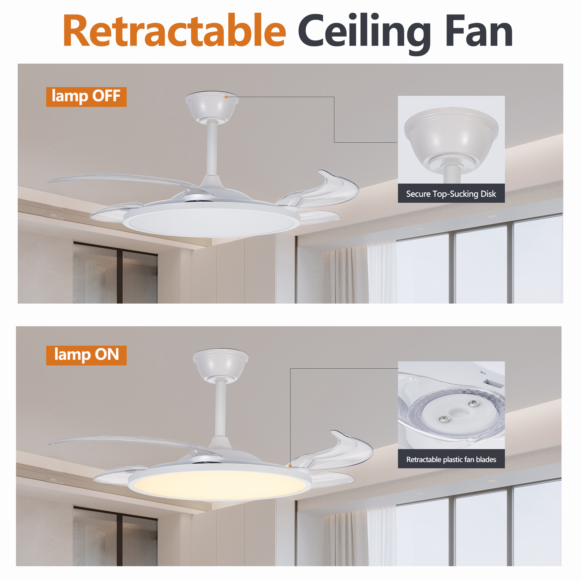 Anmytek 42 Inch Retractable Ceiling Fan with Lights White Flush Mount DC Reversible Fan 3CCT Low Noise Remote Control Ceiling Light Fixture for Bedroom Living Room Kitchen Indoor