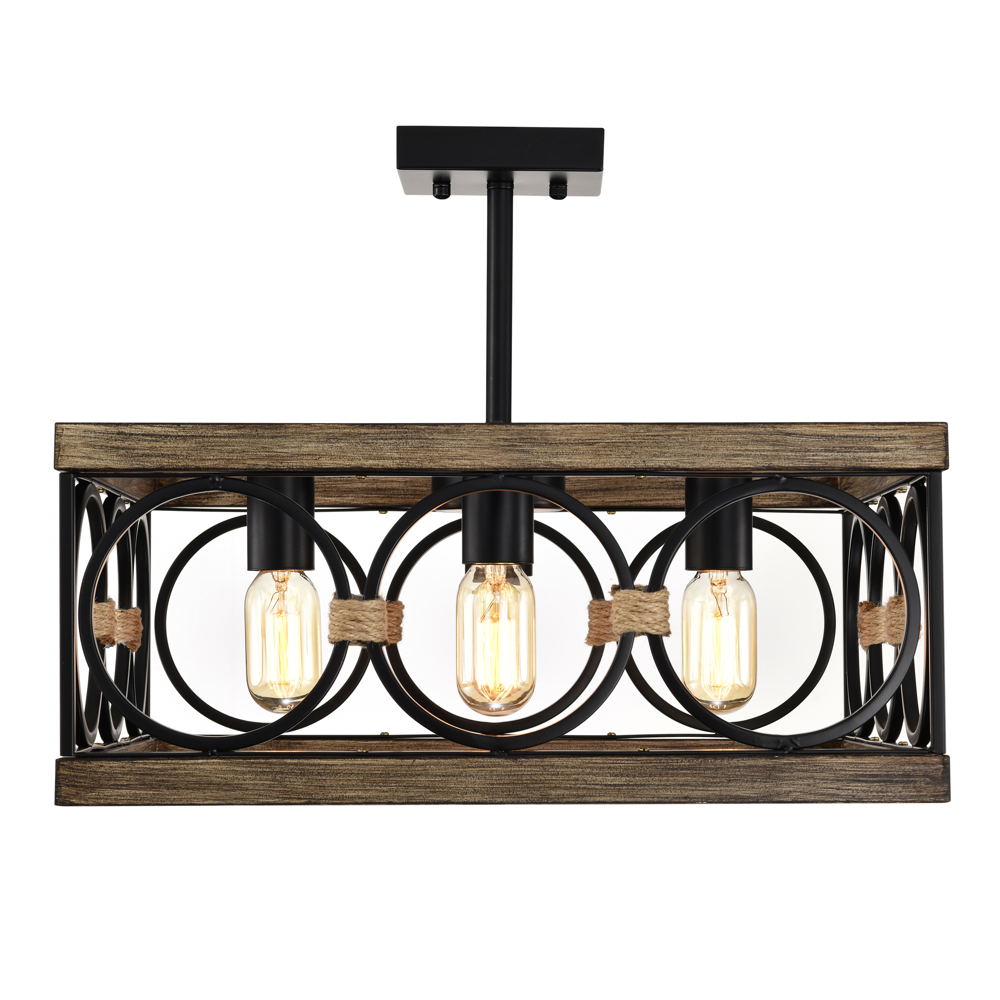 Anmytek 4 Light Square Kitchen Island Light Wood Black Metal Farmhouse Rectangular Ceiling Light Fixture for Dining Room Living Room Conference Room Home Office
