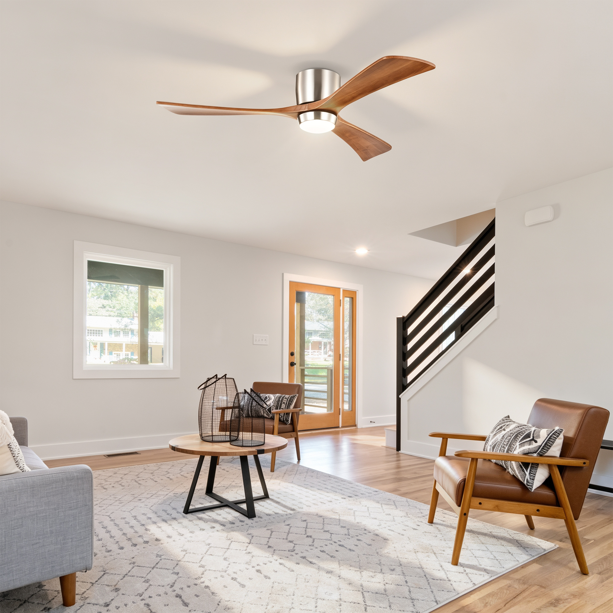 Anmytek 52 Inch Flush Mount Ceiling Fan with Lights Solid Wood Blades Quiet DC Motor 6 Speed Reversible Remote Control Indoor Ceiling Fan for Patio Living Room Bedroom Office