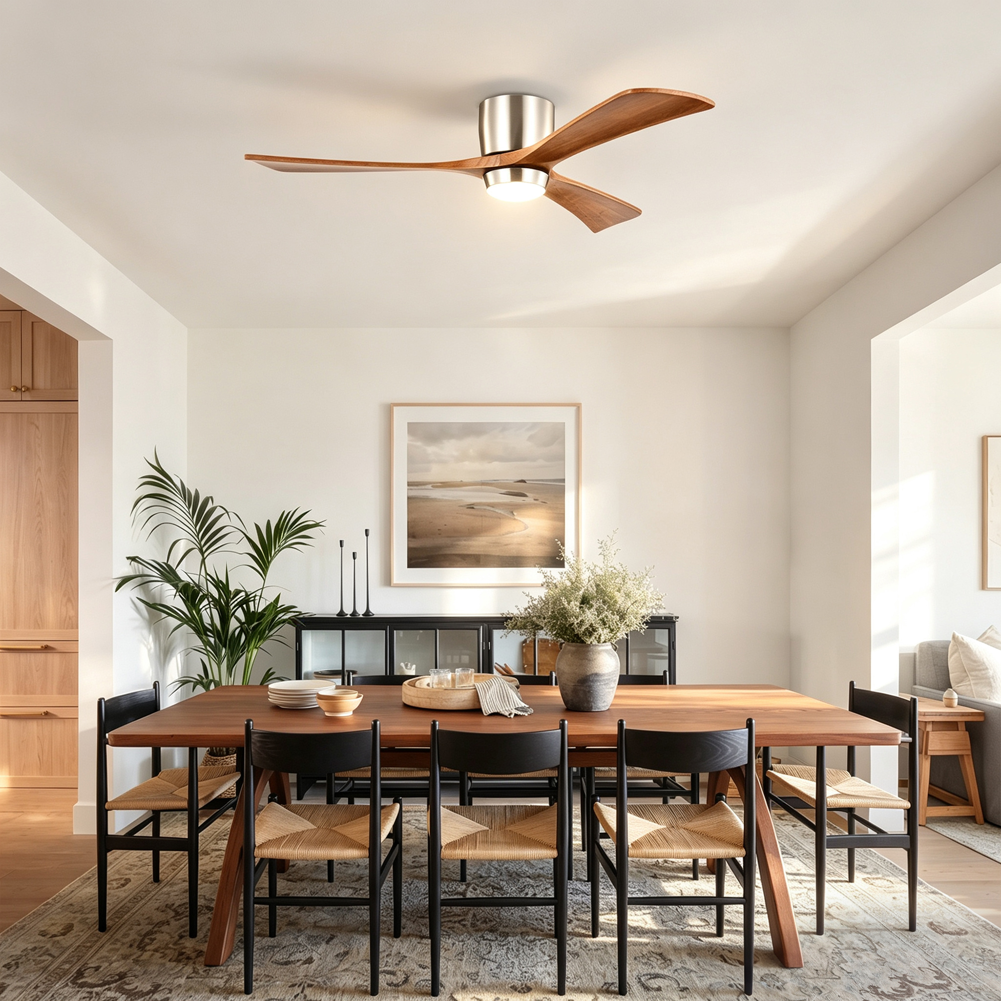 Anmytek 52 Inch Flush Mount Ceiling Fan with Lights Solid Wood Blades Quiet DC Motor 6 Speed Reversible Remote Control Indoor Ceiling Fan for Patio Living Room Bedroom Office