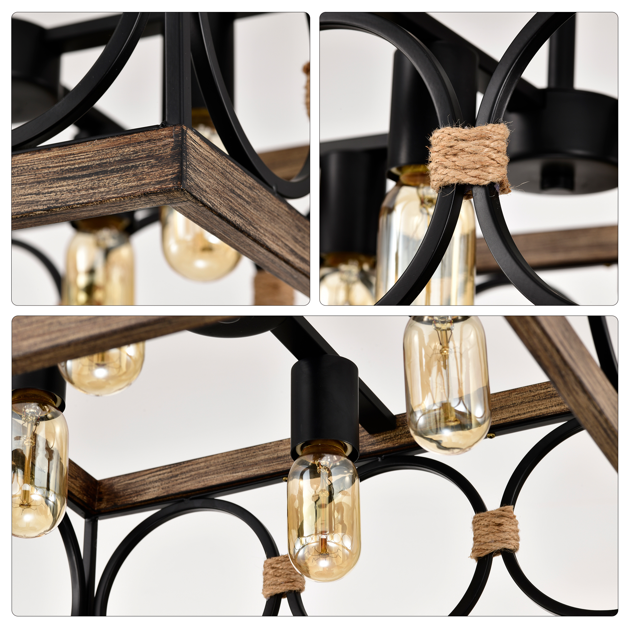Anmytek 4 Light Square Kitchen Island Light Wood Black Metal Farmhouse Rectangular Ceiling Light Fixture for Dining Room Living Room Conference Room Home Office