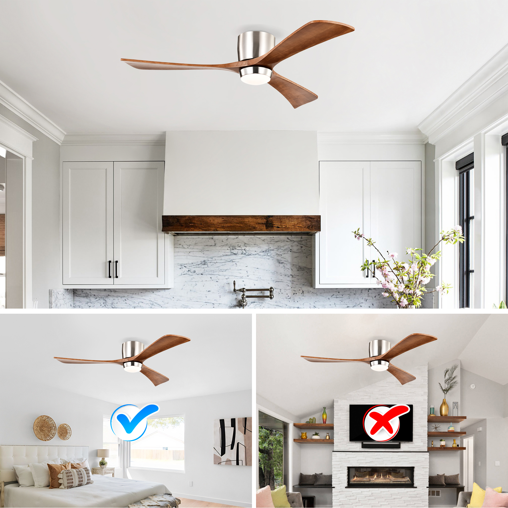 Anmytek 52 Inch Flush Mount Ceiling Fan with Lights Solid Wood Blades Quiet DC Motor 6 Speed Reversible Remote Control Indoor Ceiling Fan for Patio Living Room Bedroom Office