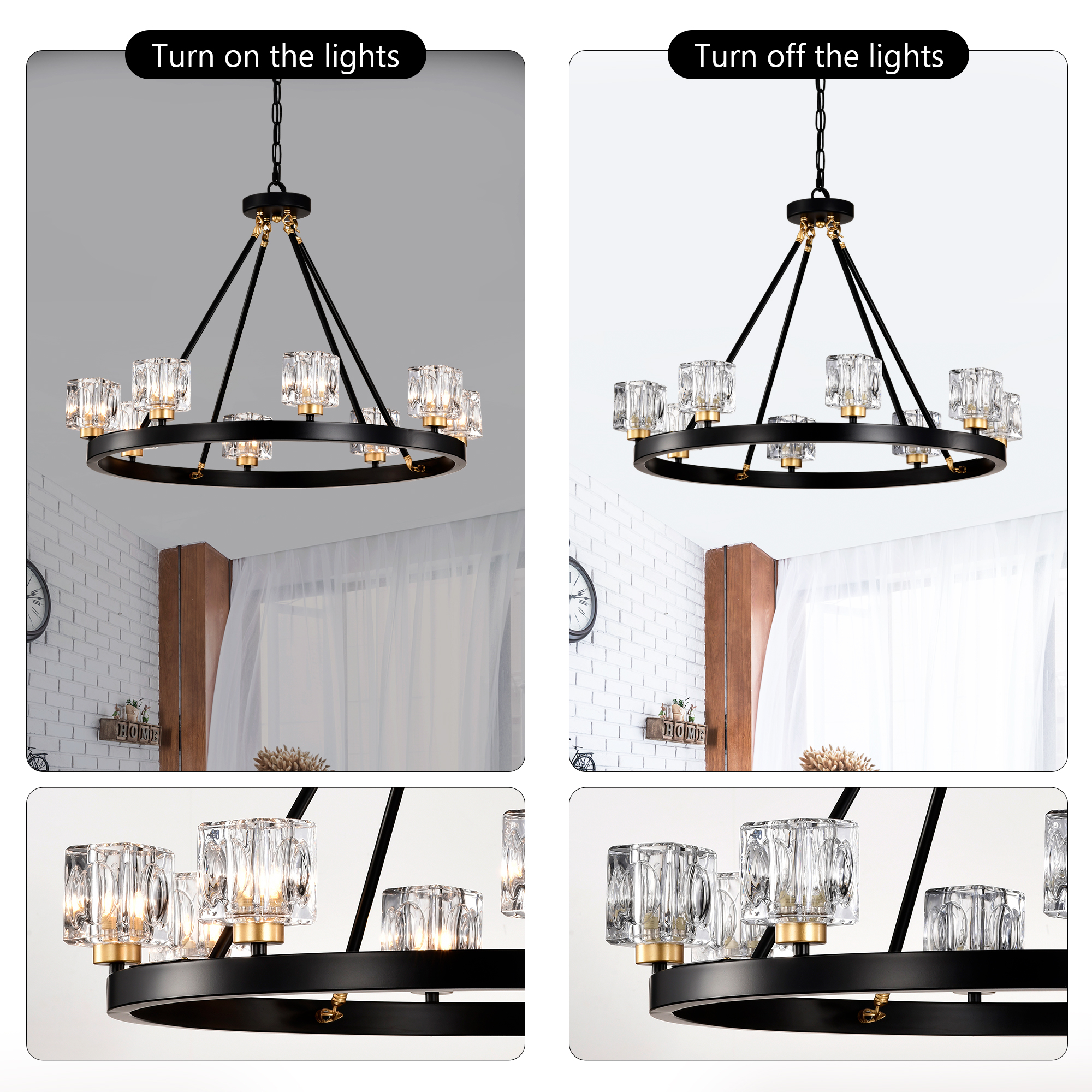 Anmytek Wagon Wheel Chandelier Matte Black Gold Small Crystal Round Ceiling Hanging Light Modern Farmhouse Rustic Light Fixture for Kitchen Island Living Room Dining Room Foyer Entryway Bedroom