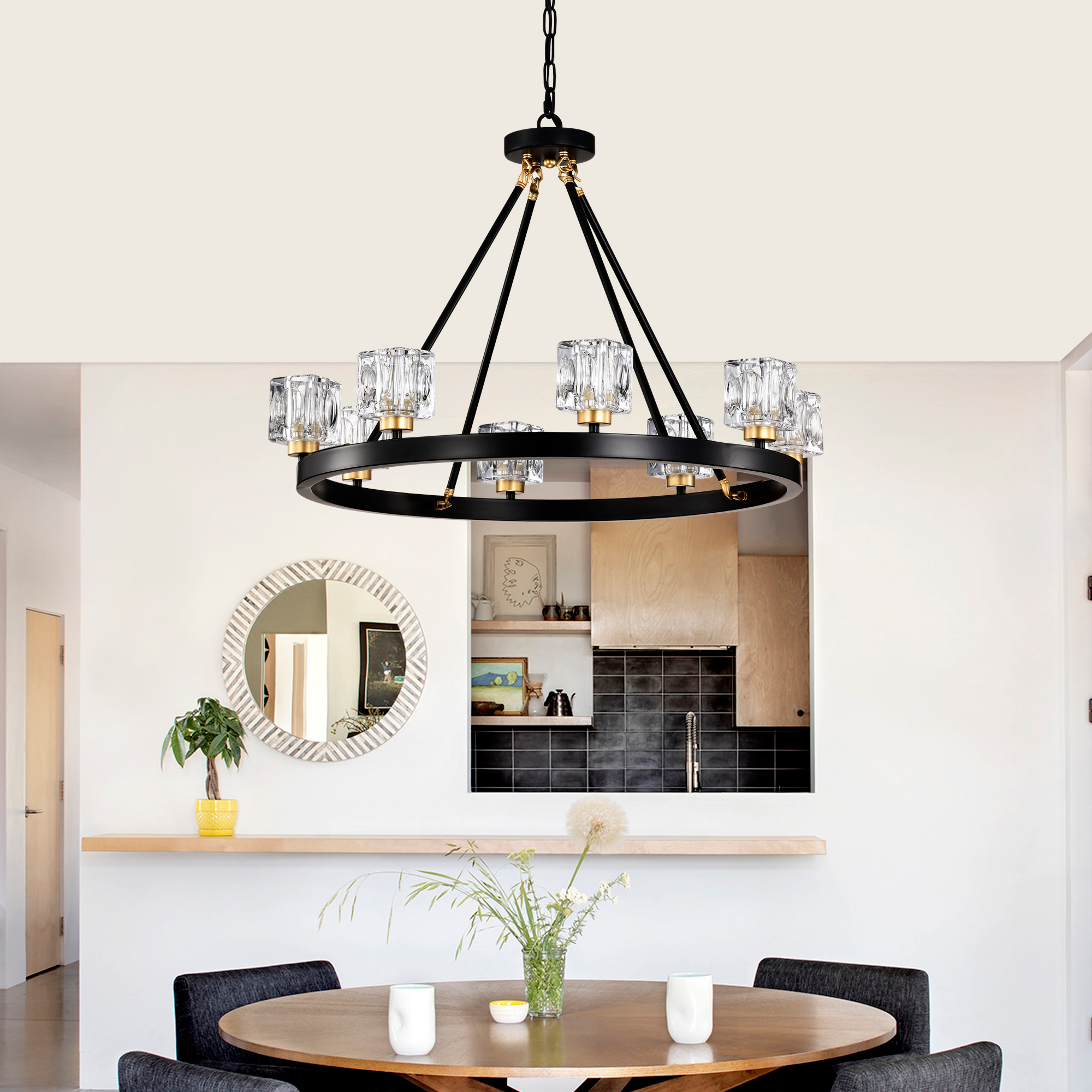 Anmytek Wagon Wheel Chandelier Matte Black Gold Small Crystal Round Ceiling Hanging Light Modern Farmhouse Rustic Light Fixture for Kitchen Island Living Room Dining Room Foyer Entryway Bedroom
