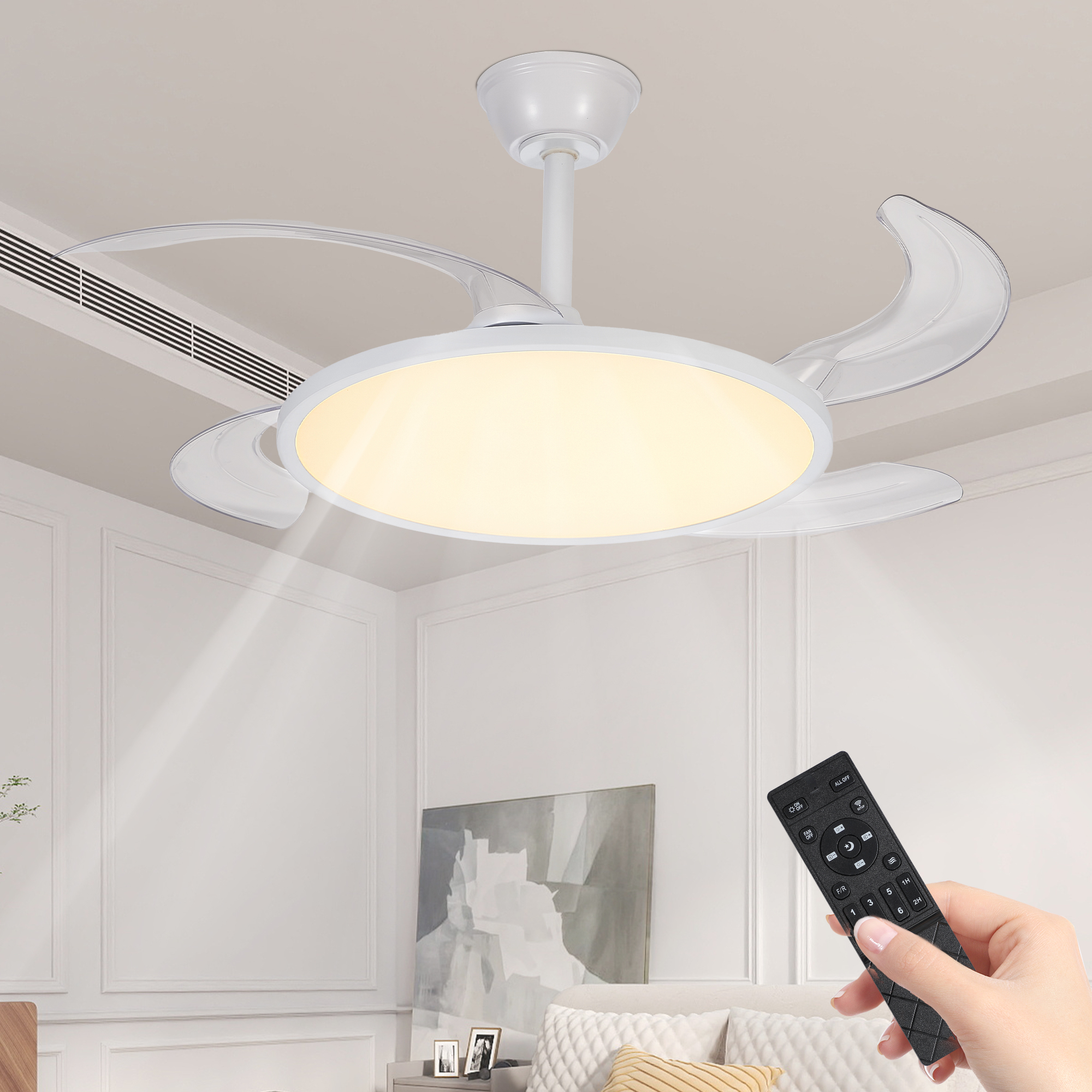 Anmytek 42 Inch Retractable Ceiling Fan with Lights White Flush Mount DC Reversible Fan 3CCT Low Noise Remote Control Ceiling Light Fixture for Bedroom Living Room Kitchen Indoor