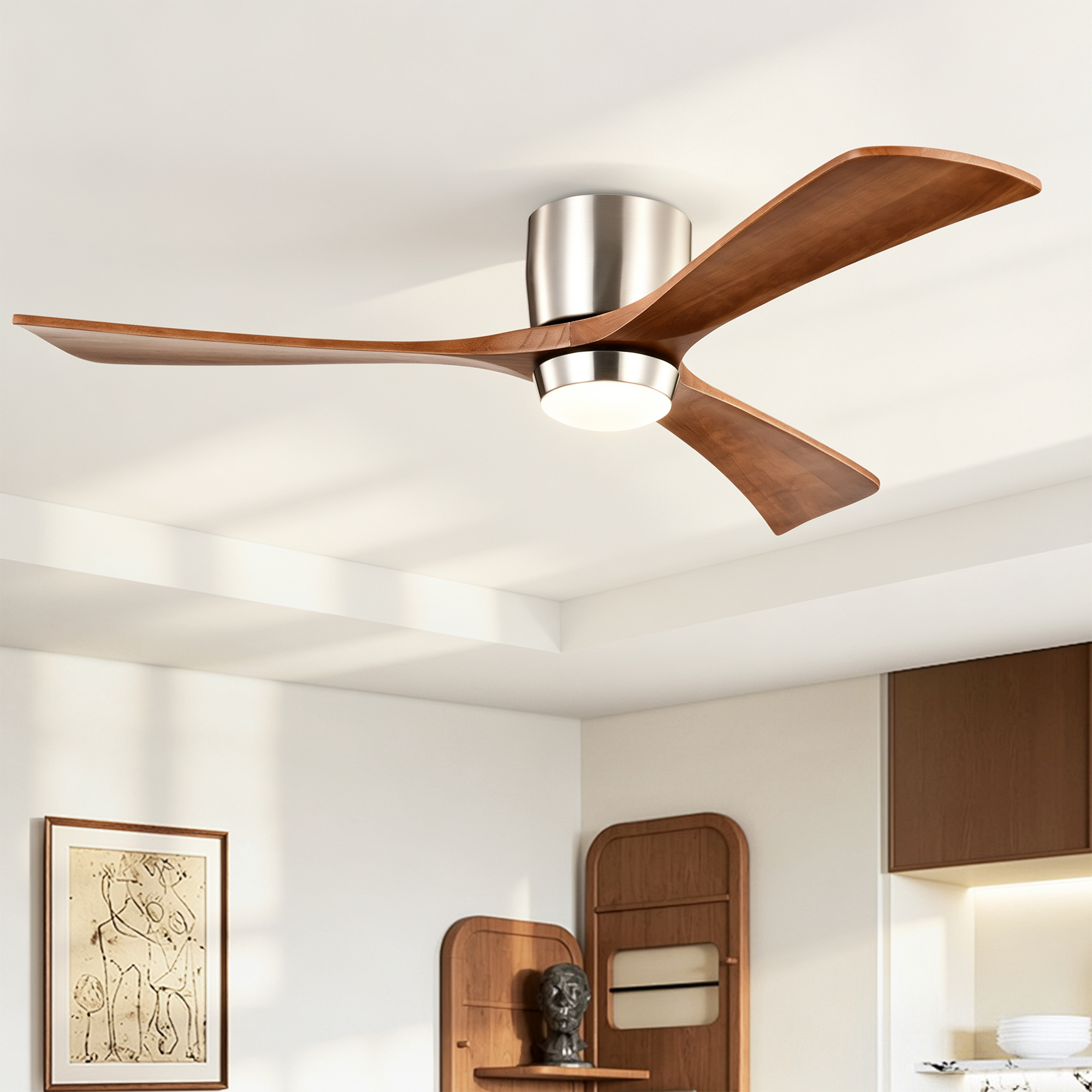 Anmytek 52 Inch Flush Mount Ceiling Fan with Lights Solid Wood Blades Quiet DC Motor 6 Speed Reversible Remote Control Indoor Ceiling Fan for Patio Living Room Bedroom Office