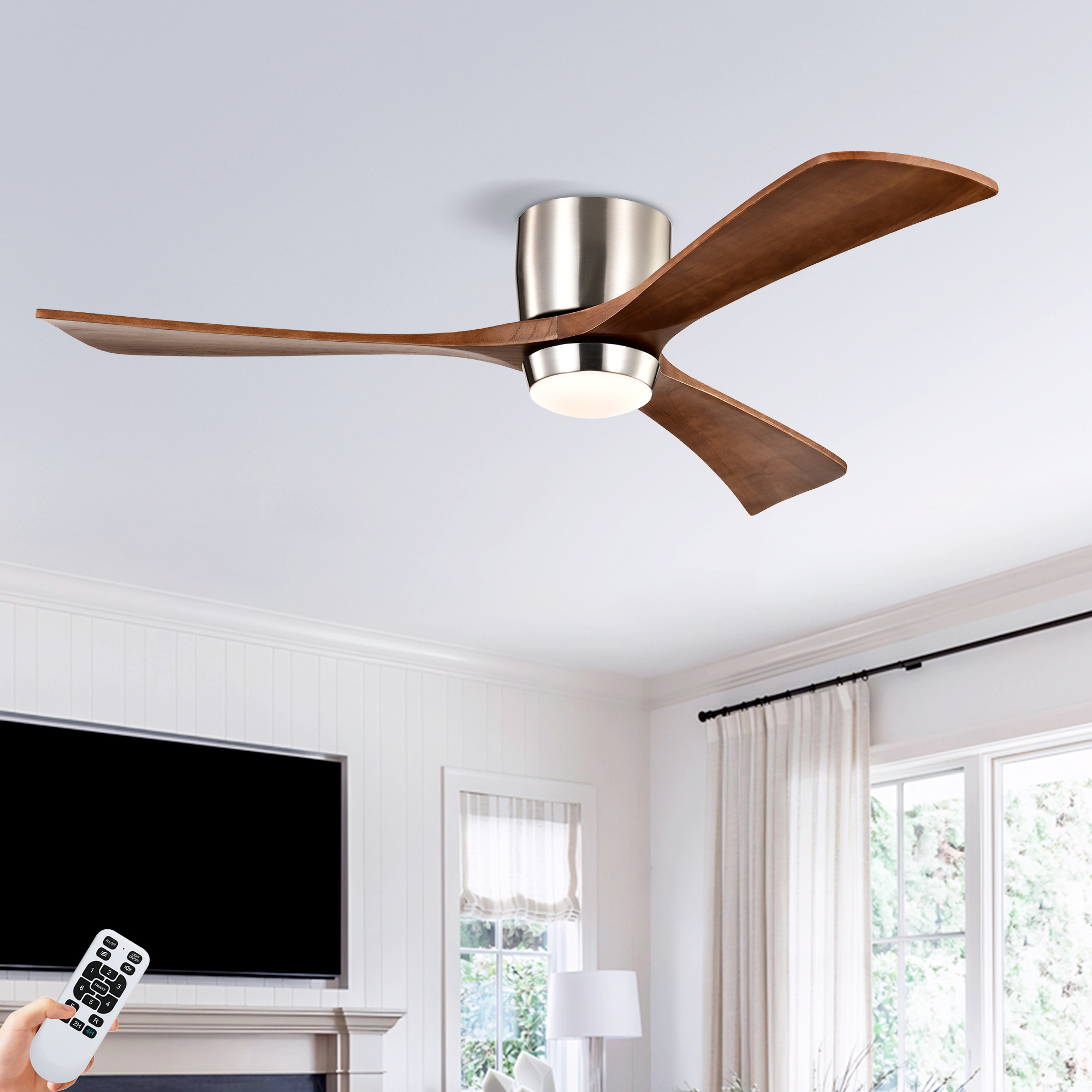 Anmytek 52 Inch Flush Mount Ceiling Fan with Lights Solid Wood Blades Quiet DC Motor 6 Speed Reversible Remote Control Indoor Ceiling Fan for Patio Living Room Bedroom Office
