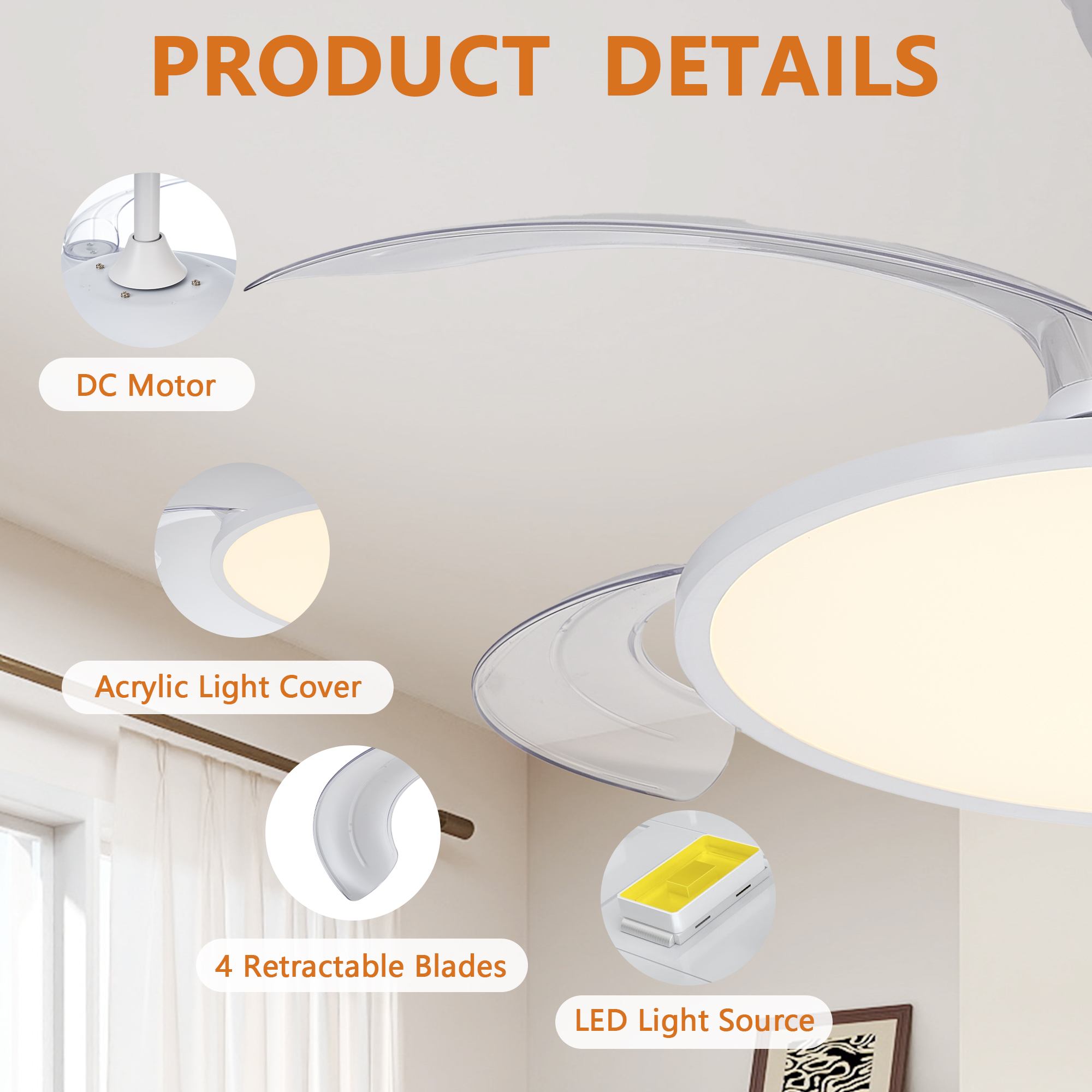 Anmytek 42 Inch Retractable Ceiling Fan with Lights White Flush Mount DC Reversible Fan 3CCT Low Noise Remote Control Ceiling Light Fixture for Bedroom Living Room Kitchen Indoor