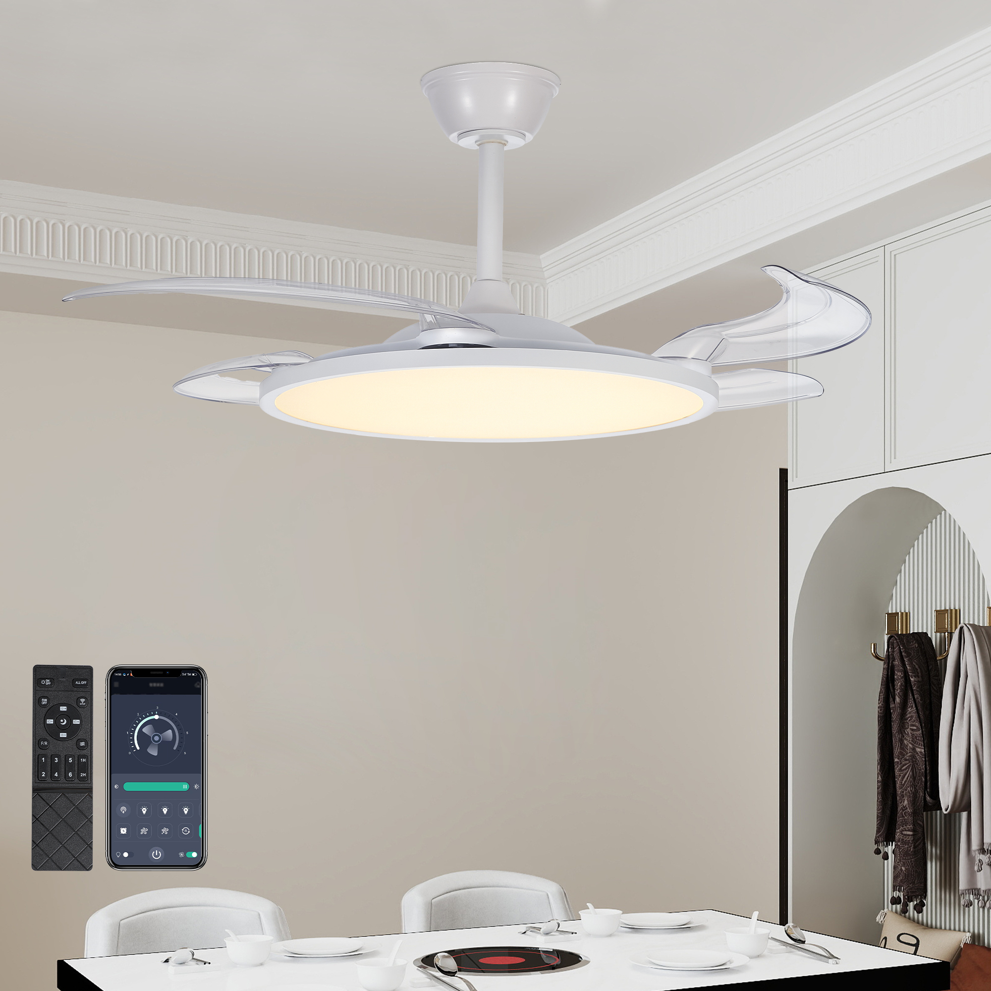 Anmytek 42 Inch Retractable Ceiling Fan with Lights White Flush Mount DC Reversible Fan 3CCT Low Noise Remote Control Ceiling Light Fixture for Bedroom Living Room Kitchen Indoor