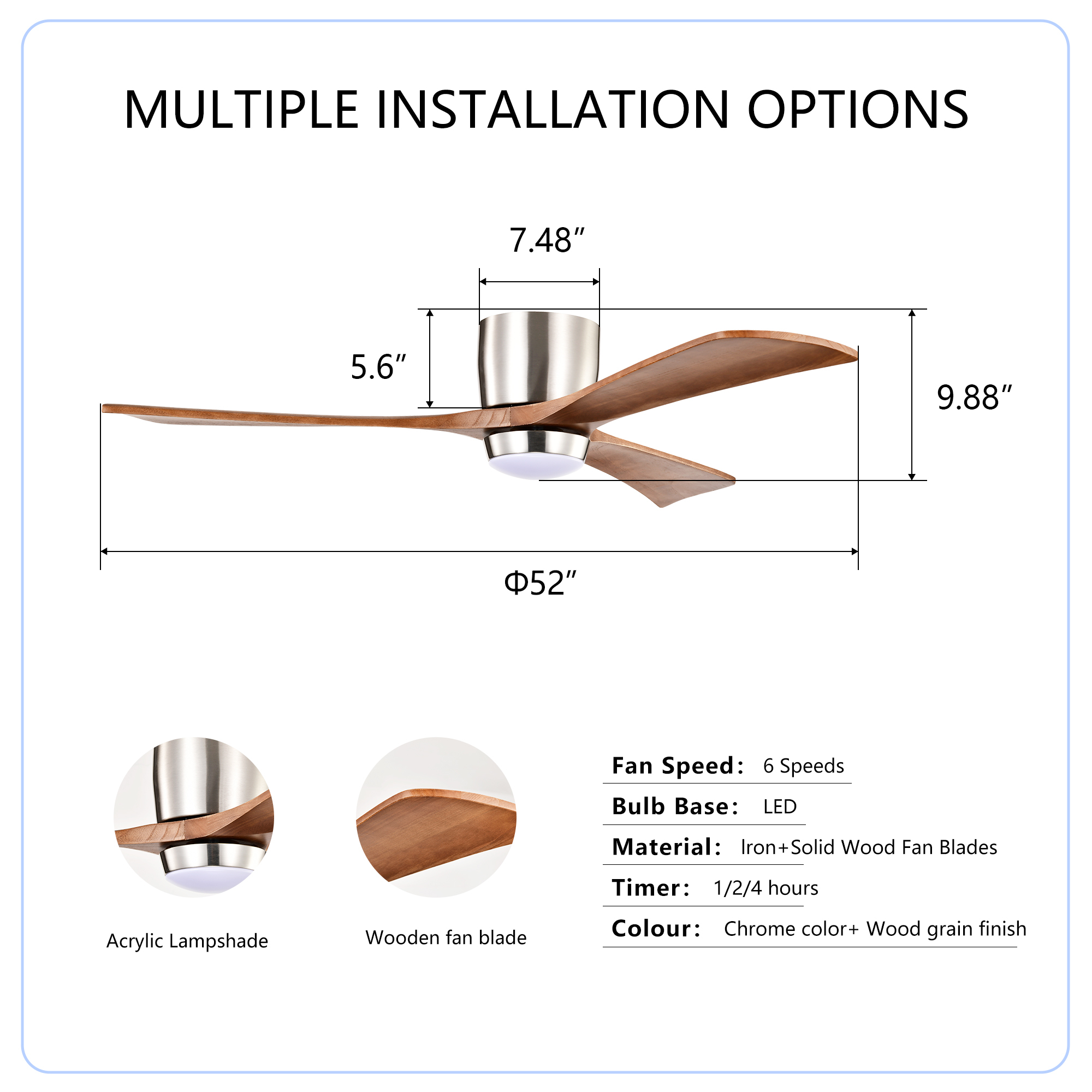 Anmytek 52 Inch Flush Mount Ceiling Fan with Lights Solid Wood Blades Quiet DC Motor 6 Speed Reversible Remote Control Indoor Ceiling Fan for Patio Living Room Bedroom Office