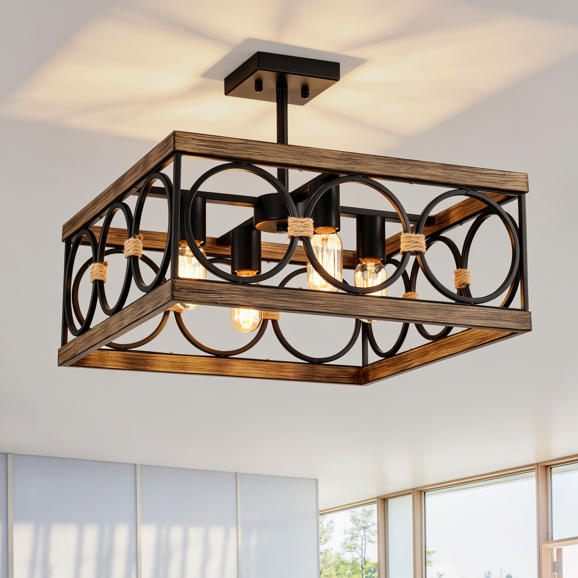 Anmytek 4 Light Square Kitchen Island Light Wood Black Metal Farmhouse Rectangular Ceiling Light Fixture for Dining Room Living Room Conference Room Home Office