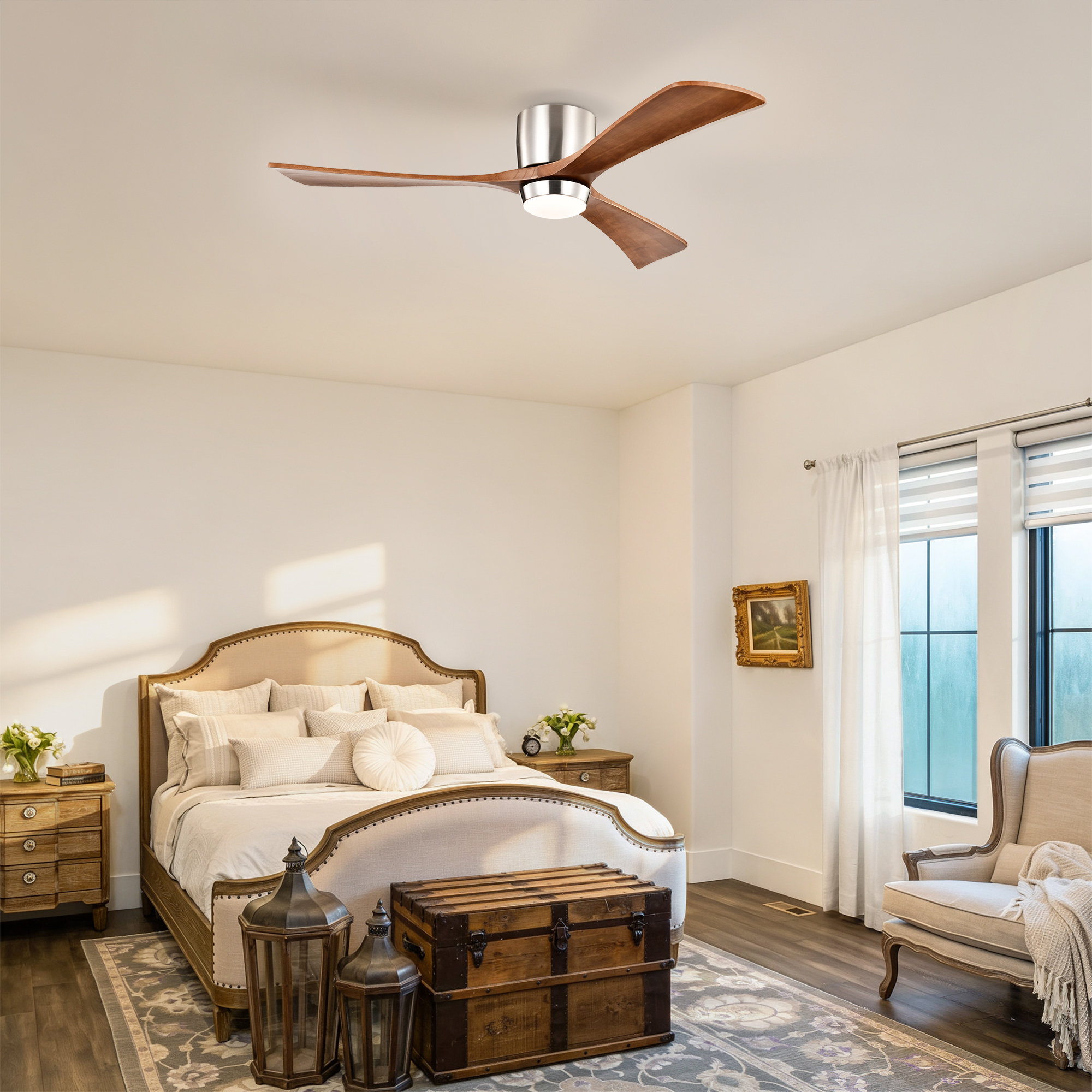 Anmytek 52 Inch Flush Mount Ceiling Fan with Lights Solid Wood Blades Quiet DC Motor 6 Speed Reversible Remote Control Indoor Ceiling Fan for Patio Living Room Bedroom Office