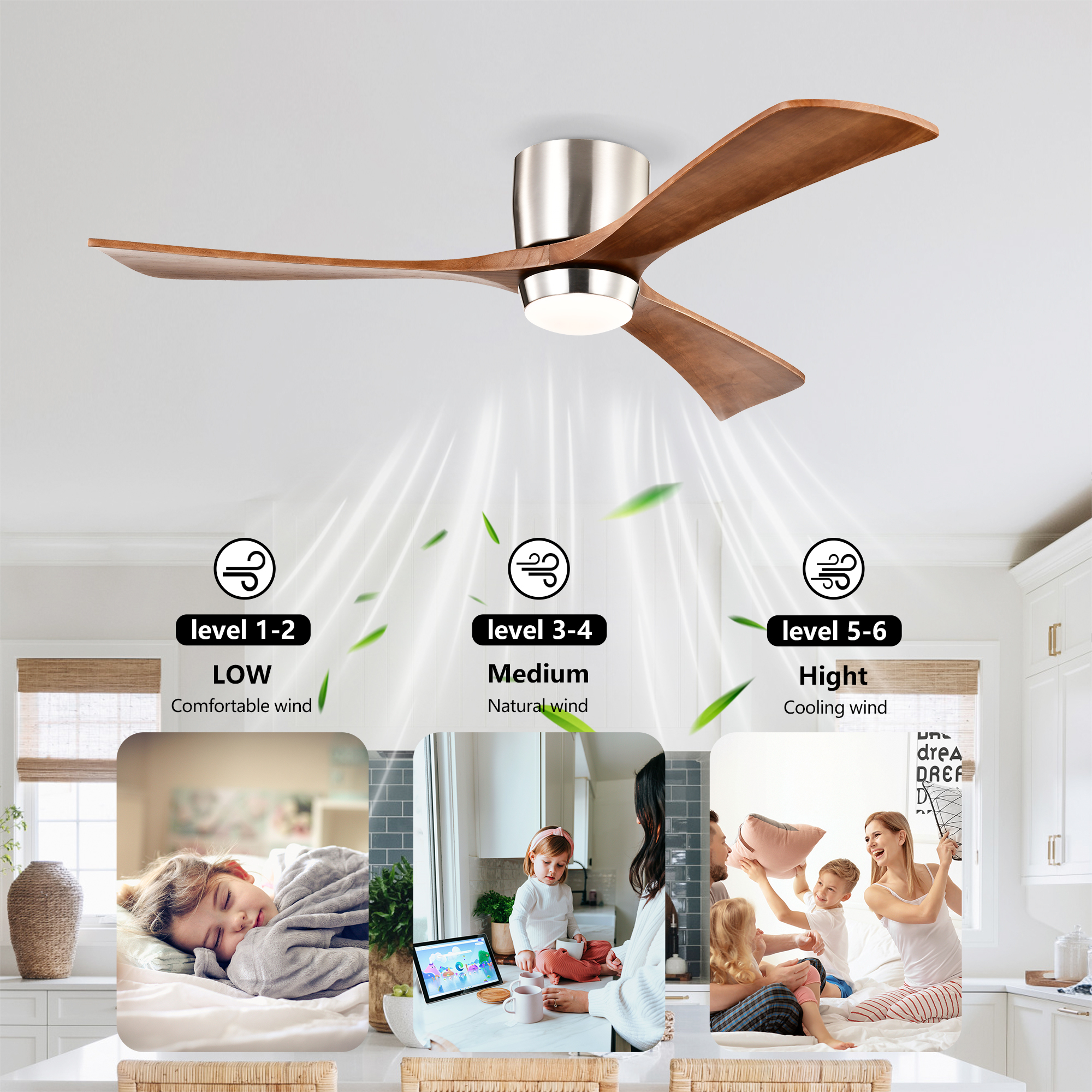 Anmytek 52 Inch Flush Mount Ceiling Fan with Lights Solid Wood Blades Quiet DC Motor 6 Speed Reversible Remote Control Indoor Ceiling Fan for Patio Living Room Bedroom Office