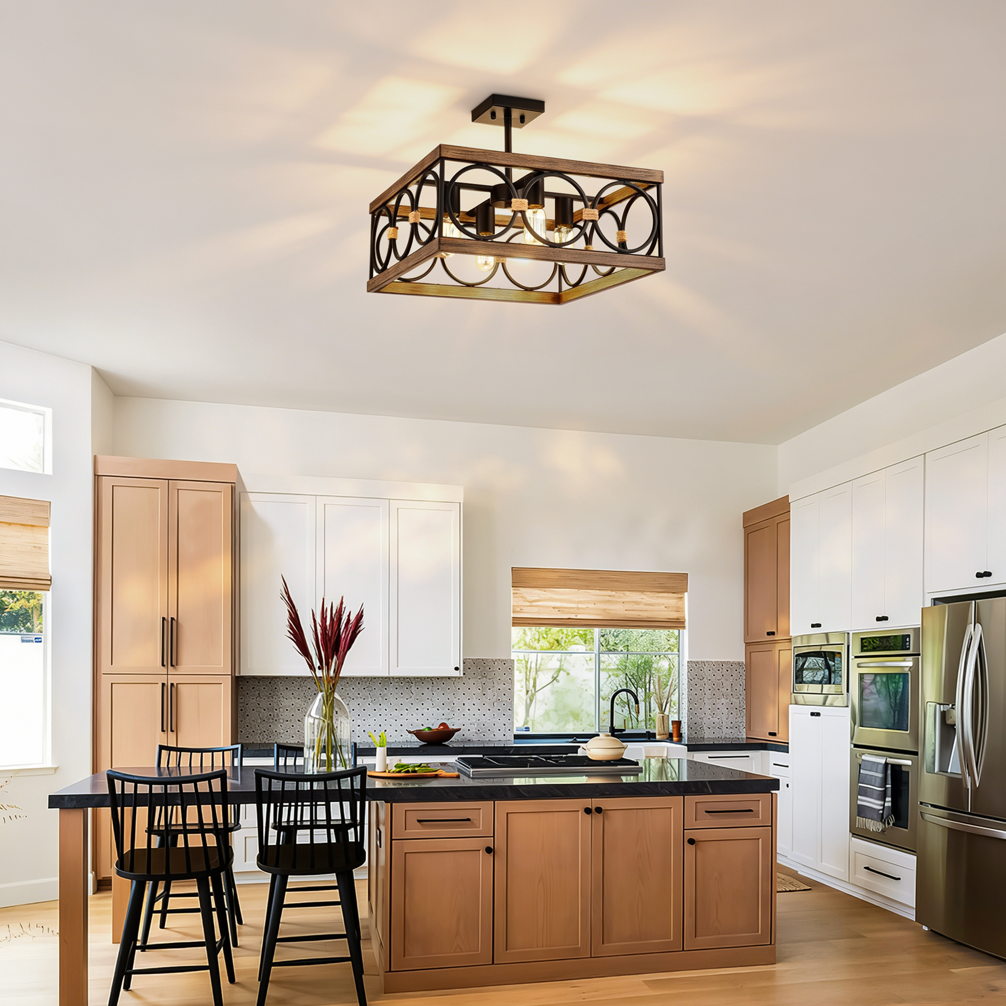 Anmytek 4 Light Square Kitchen Island Light Wood Black Metal Farmhouse Rectangular Ceiling Light Fixture for Dining Room Living Room Conference Room Home Office