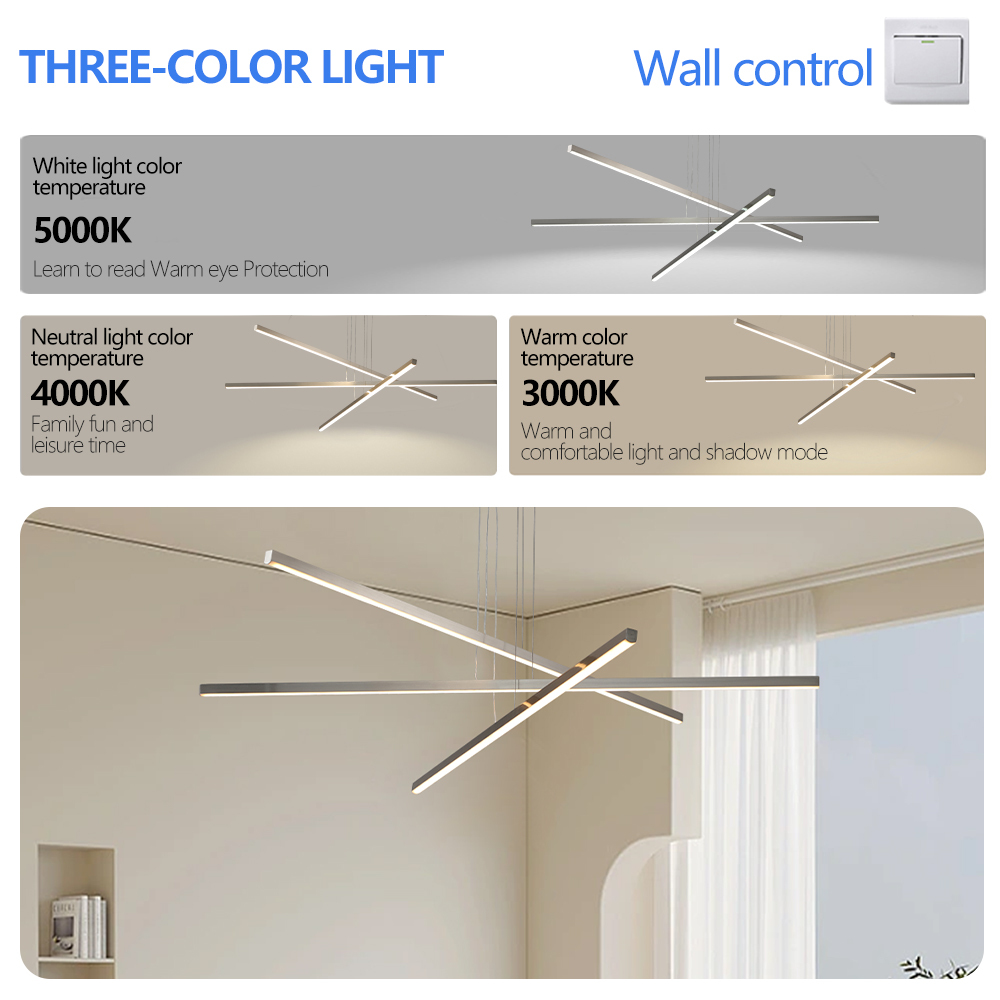 Anmytek 48 inch Modern LED Chandelier Geometric 3 Arm Adjustable Hanging Ceiling Light Sleek Metal Light Fixture for Dining Room Living Room Office