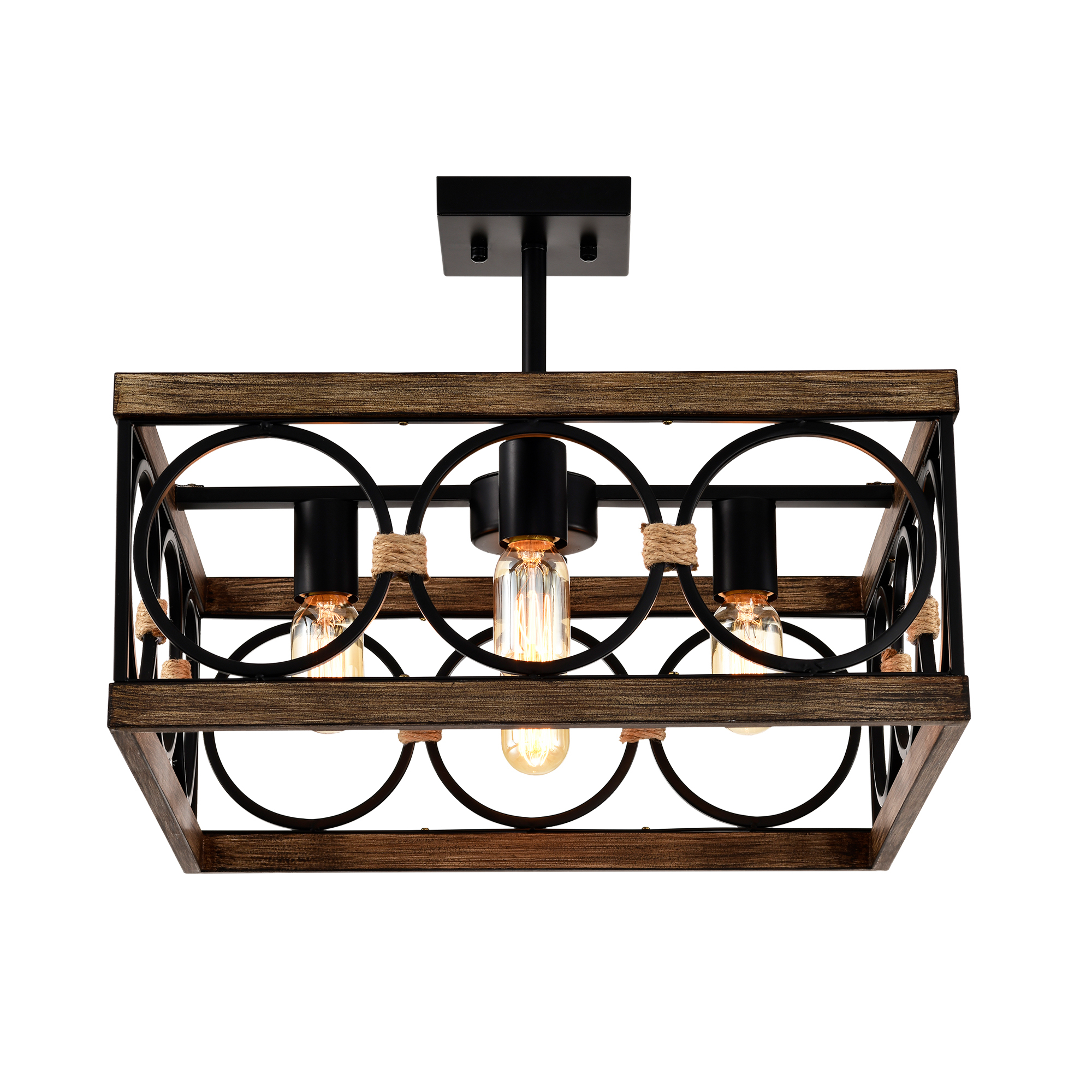 Anmytek 4 Light Square Kitchen Island Light Wood Black Metal Farmhouse Rectangular Ceiling Light Fixture for Dining Room Living Room Conference Room Home Office