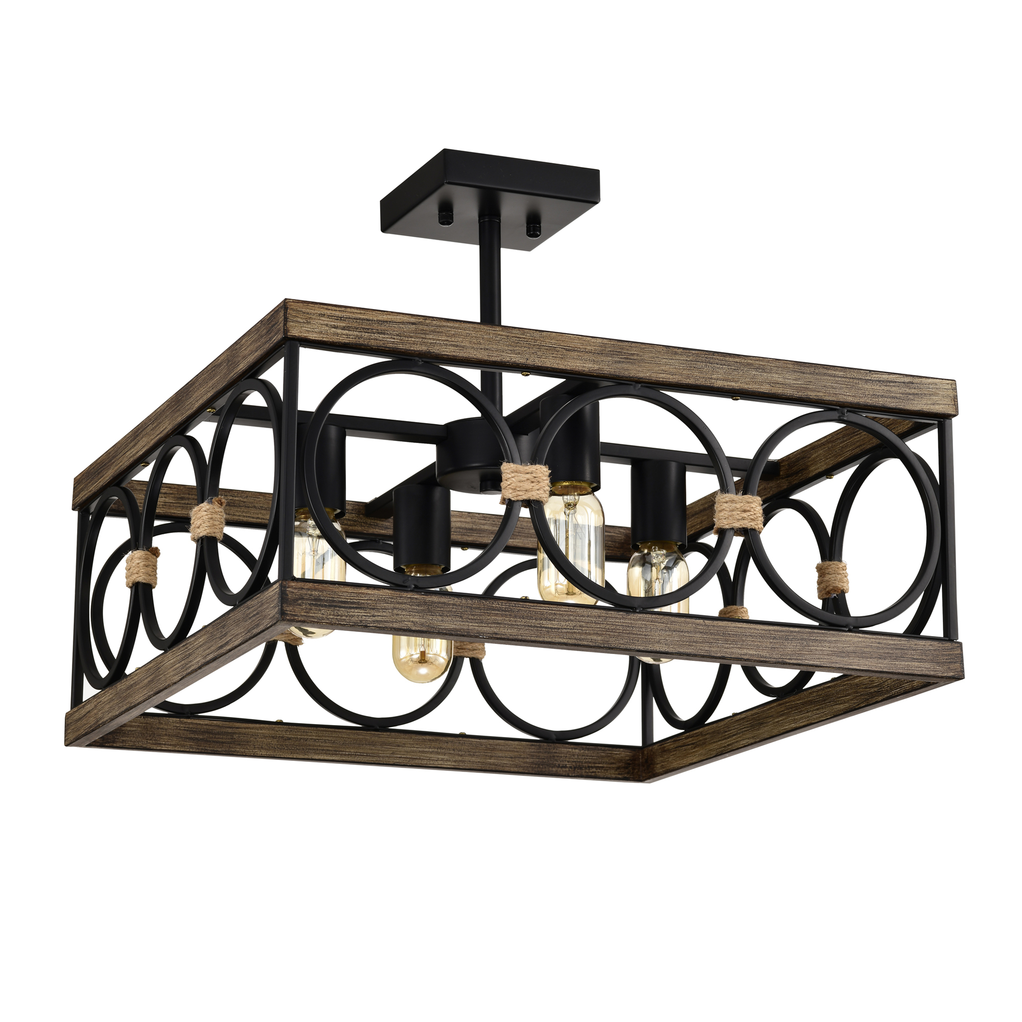 Anmytek 4 Light Square Kitchen Island Light Wood Black Metal Farmhouse Rectangular Ceiling Light Fixture for Dining Room Living Room Conference Room Home Office
