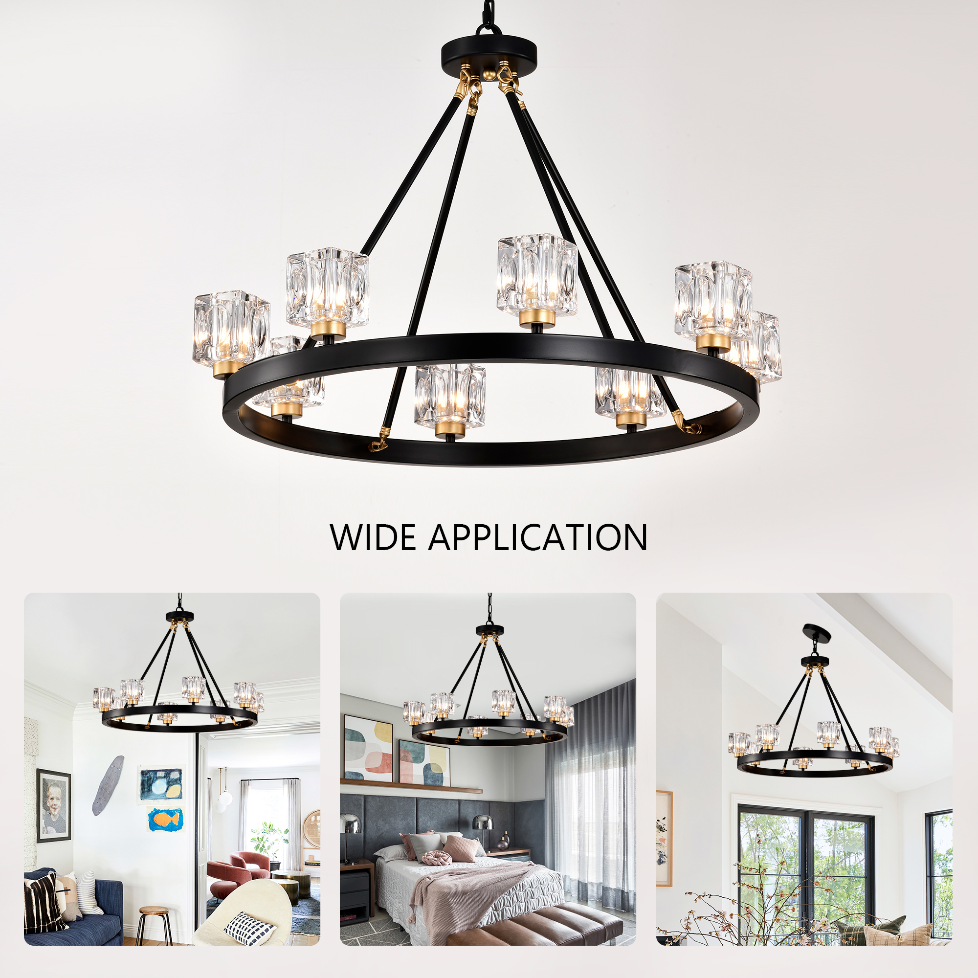Anmytek Wagon Wheel Chandelier Matte Black Gold Small Crystal Round Ceiling Hanging Light Modern Farmhouse Rustic Light Fixture for Kitchen Island Living Room Dining Room Foyer Entryway Bedroom