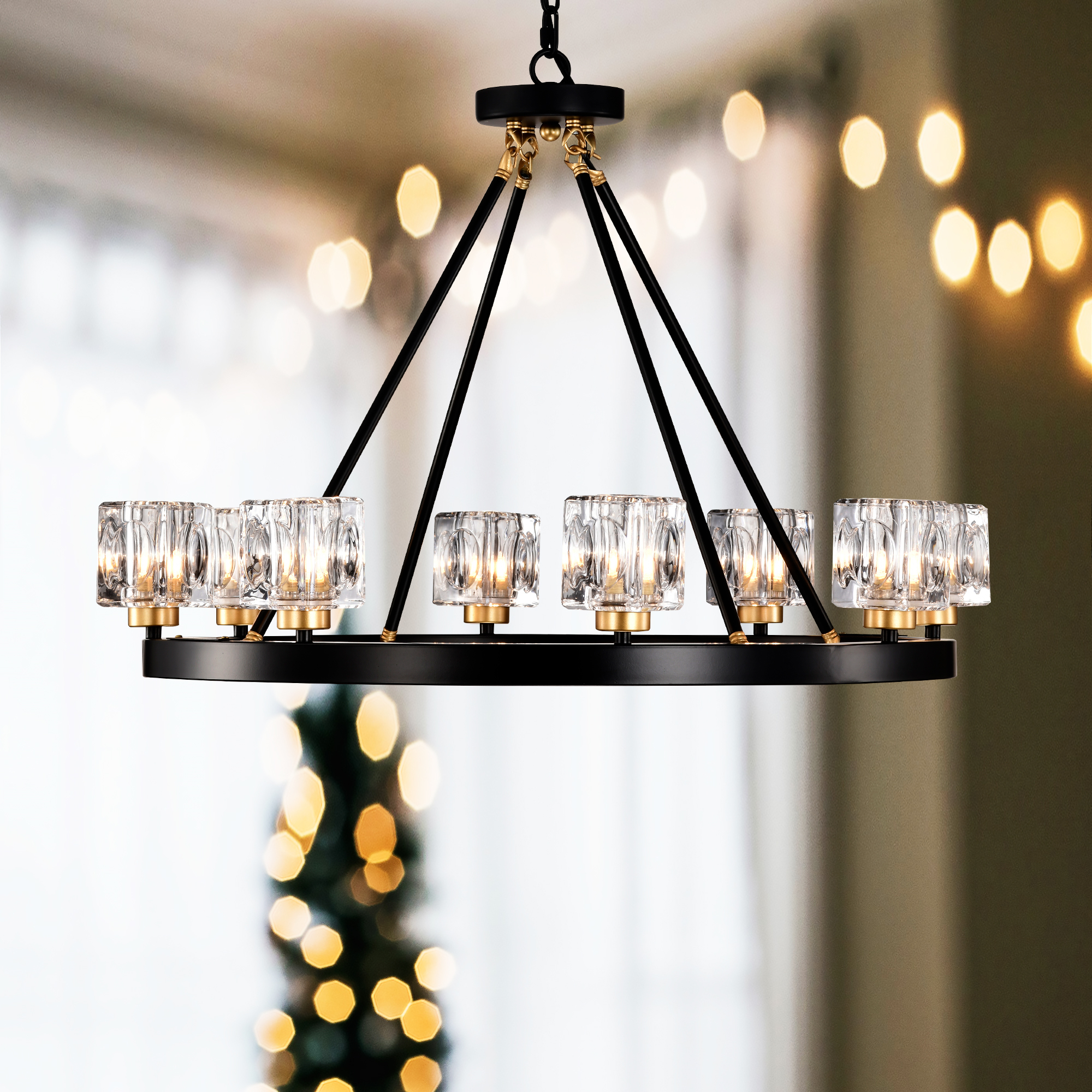 Anmytek Wagon Wheel Chandelier Matte Black Gold Small Crystal Round Ceiling Hanging Light Modern Farmhouse Rustic Light Fixture for Kitchen Island Living Room Dining Room Foyer Entryway Bedroom