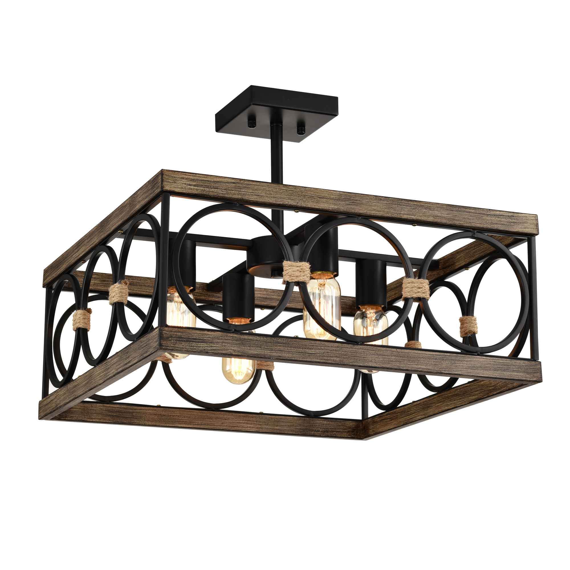Anmytek 4 Light Square Kitchen Island Light Wood Black Metal Farmhouse Rectangular Ceiling Light Fixture for Dining Room Living Room Conference Room Home Office