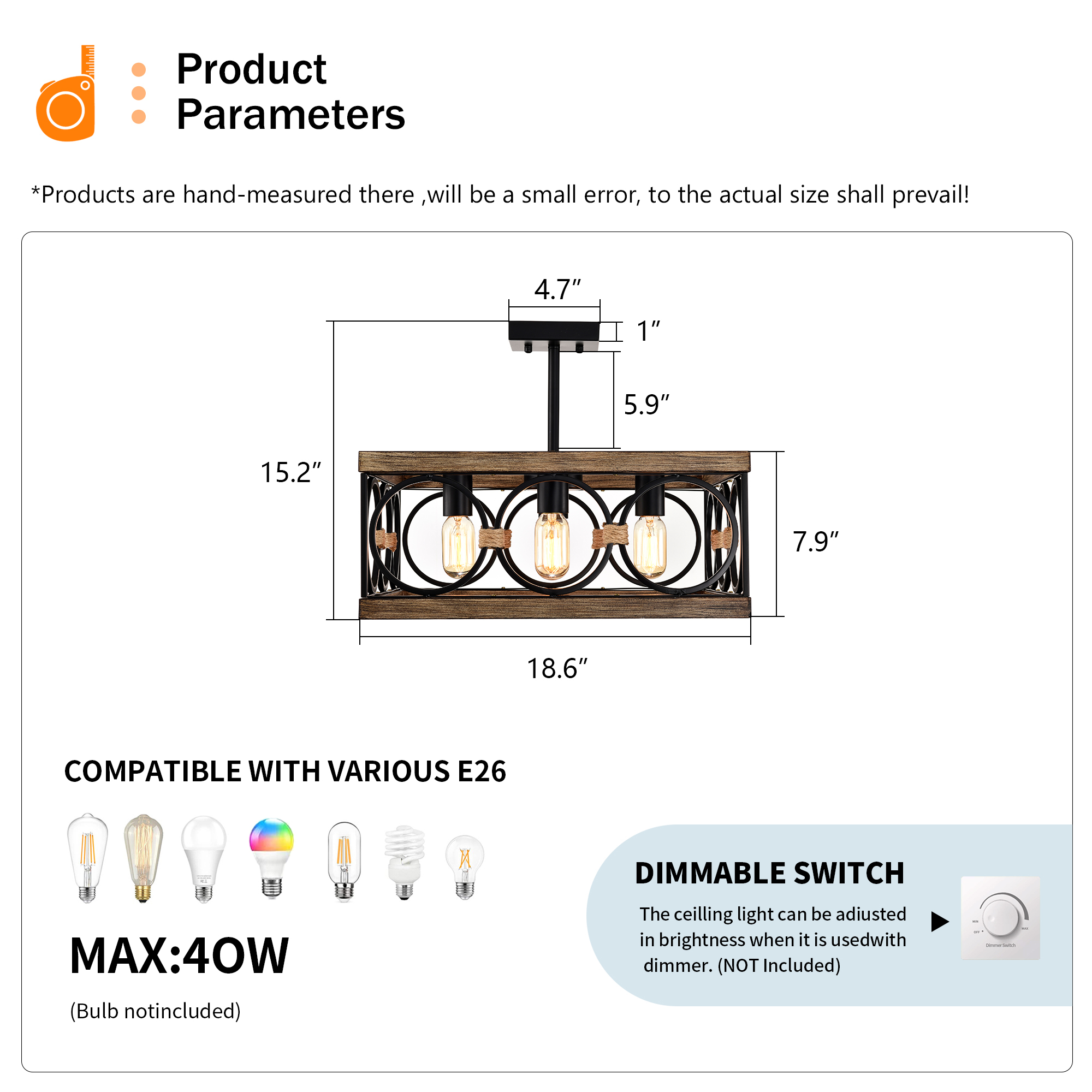 Anmytek 4 Light Square Kitchen Island Light Wood Black Metal Farmhouse Rectangular Ceiling Light Fixture for Dining Room Living Room Conference Room Home Office