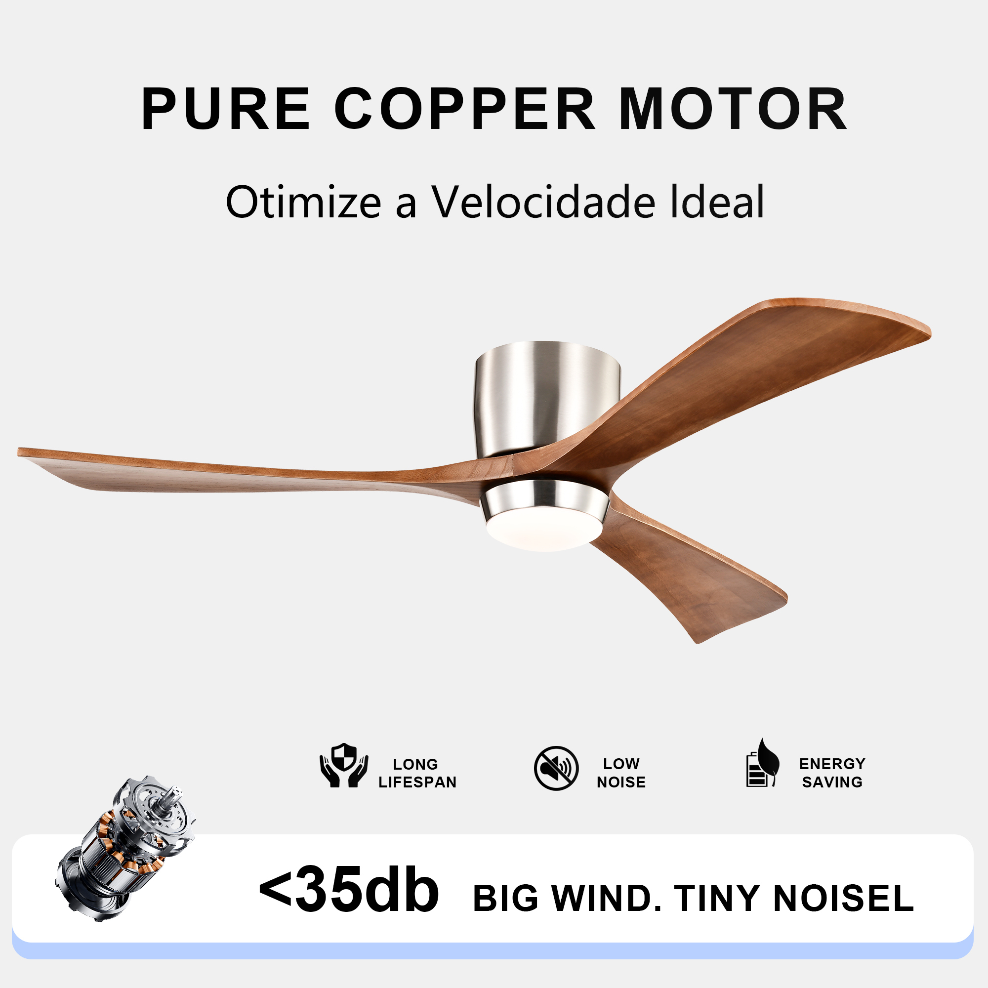 Anmytek 52 Inch Flush Mount Ceiling Fan with Lights Solid Wood Blades Quiet DC Motor 6 Speed Reversible Remote Control Indoor Ceiling Fan for Patio Living Room Bedroom Office