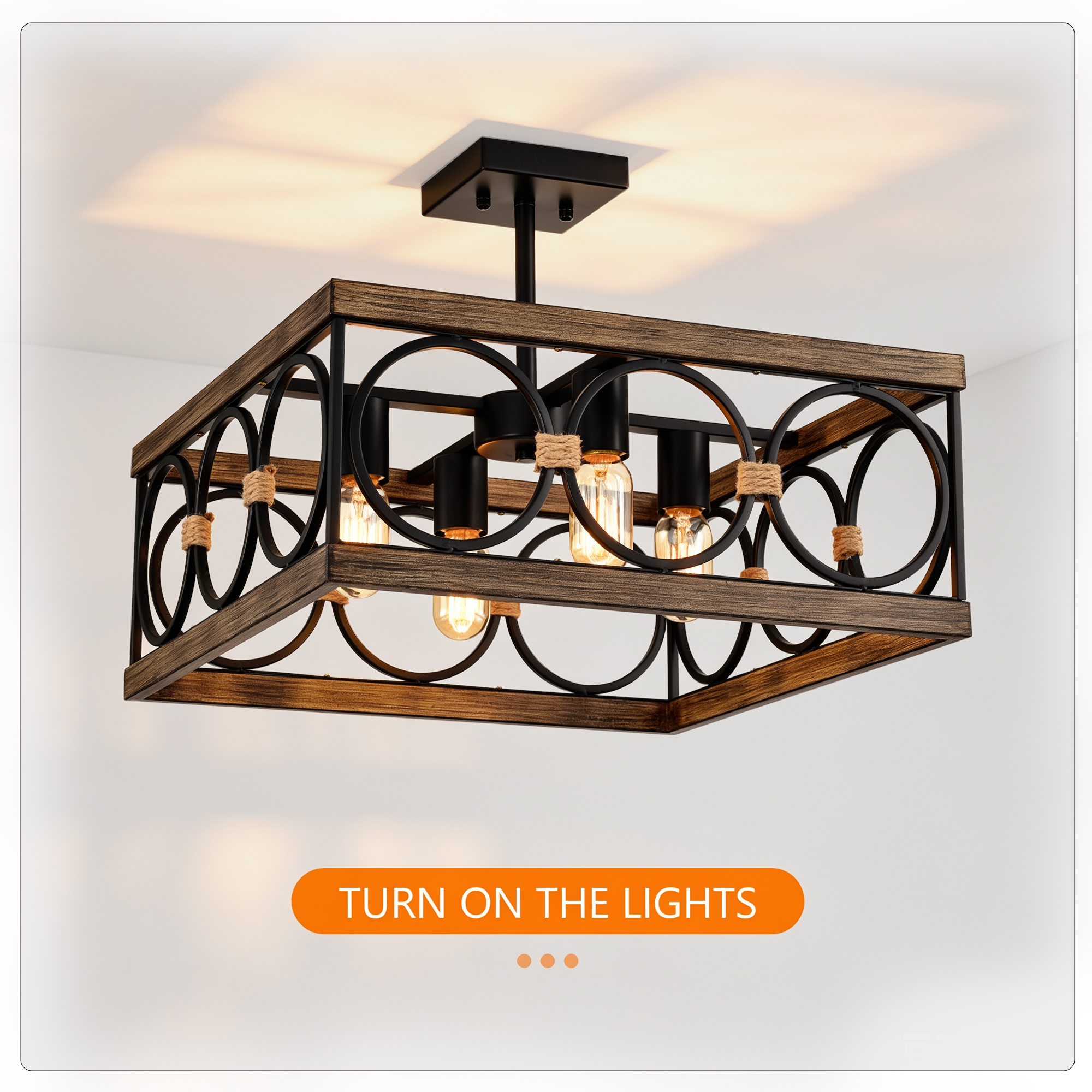 Anmytek 4 Light Square Kitchen Island Light Wood Black Metal Farmhouse Rectangular Ceiling Light Fixture for Dining Room Living Room Conference Room Home Office