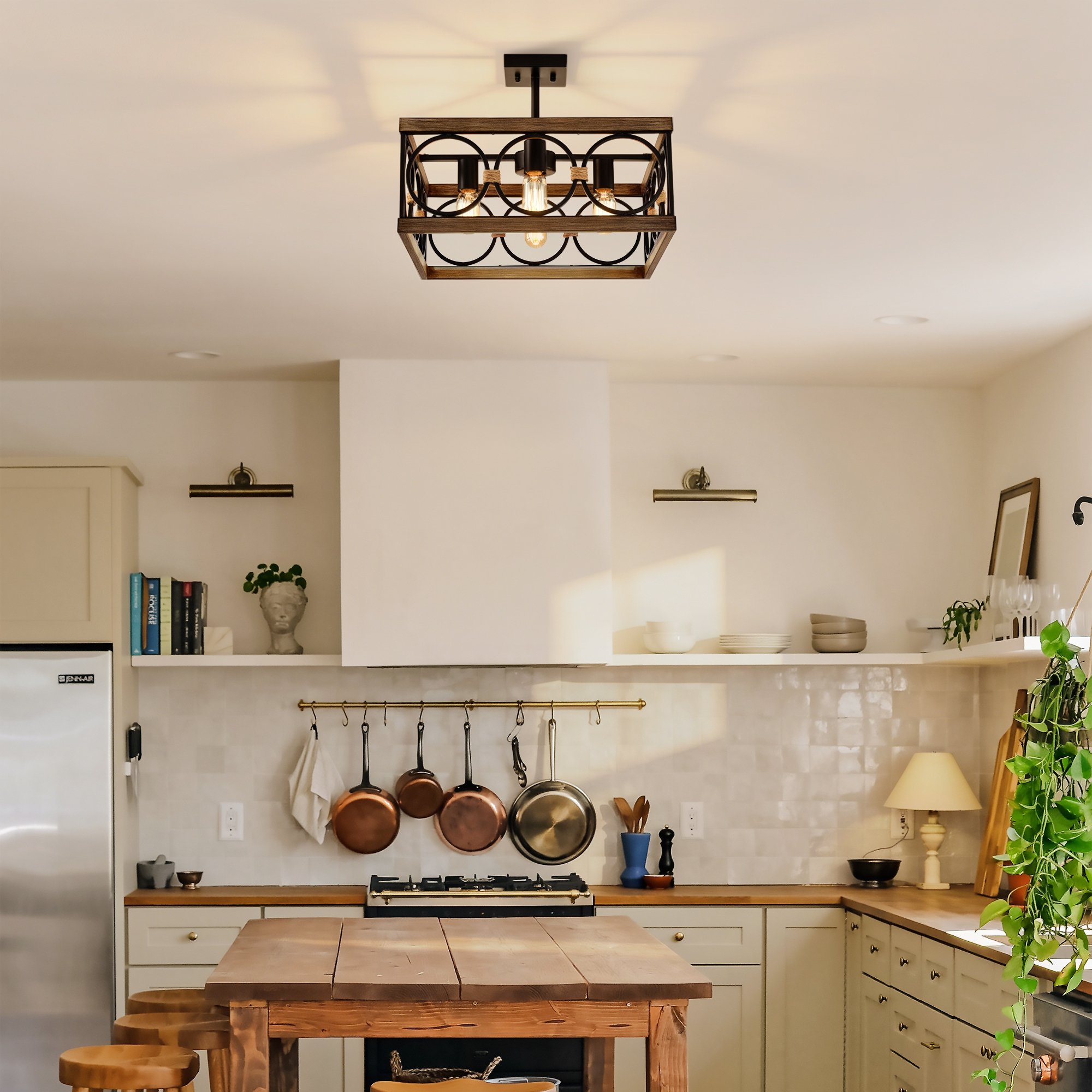 Anmytek 4 Light Square Kitchen Island Light Wood Black Metal Farmhouse Rectangular Ceiling Light Fixture for Dining Room Living Room Conference Room Home Office
