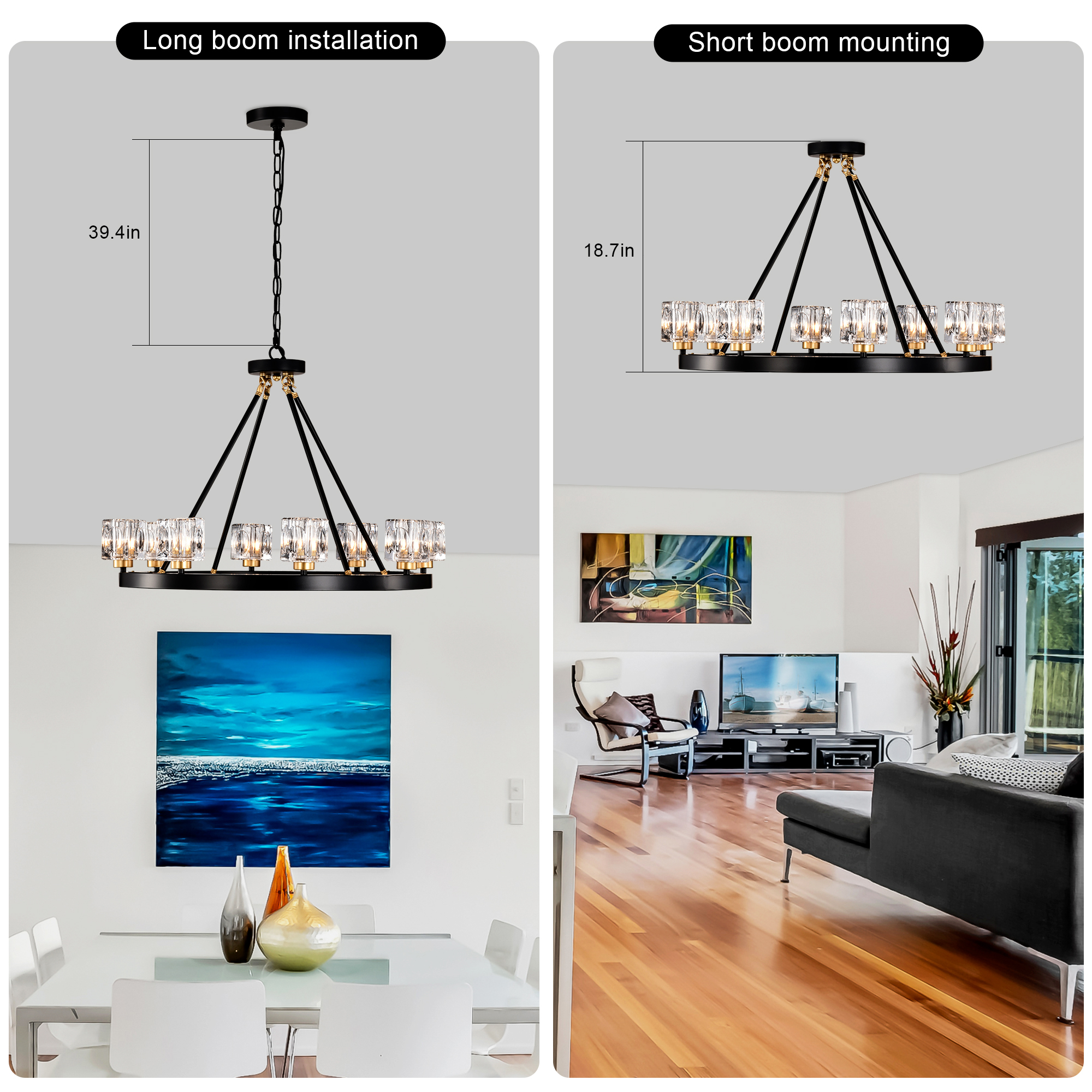 Anmytek Wagon Wheel Chandelier Matte Black Gold Small Crystal Round Ceiling Hanging Light Modern Farmhouse Rustic Light Fixture for Kitchen Island Living Room Dining Room Foyer Entryway Bedroom