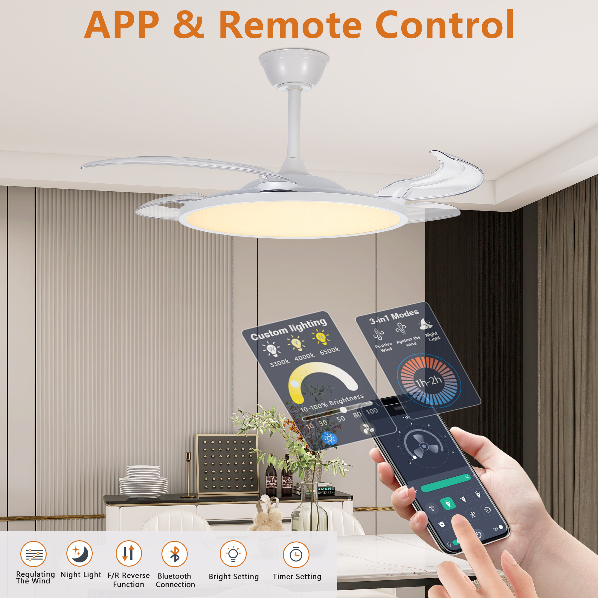 Anmytek 42 Inch Retractable Ceiling Fan with Lights White Flush Mount DC Reversible Fan 3CCT Low Noise Remote Control Ceiling Light Fixture for Bedroom Living Room Kitchen Indoor